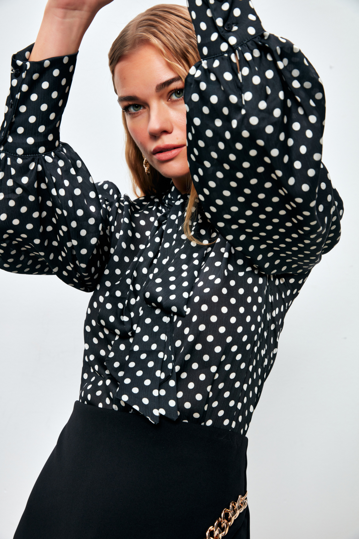 Puantiye Desenli Gömlek - SİYAH-EKRU