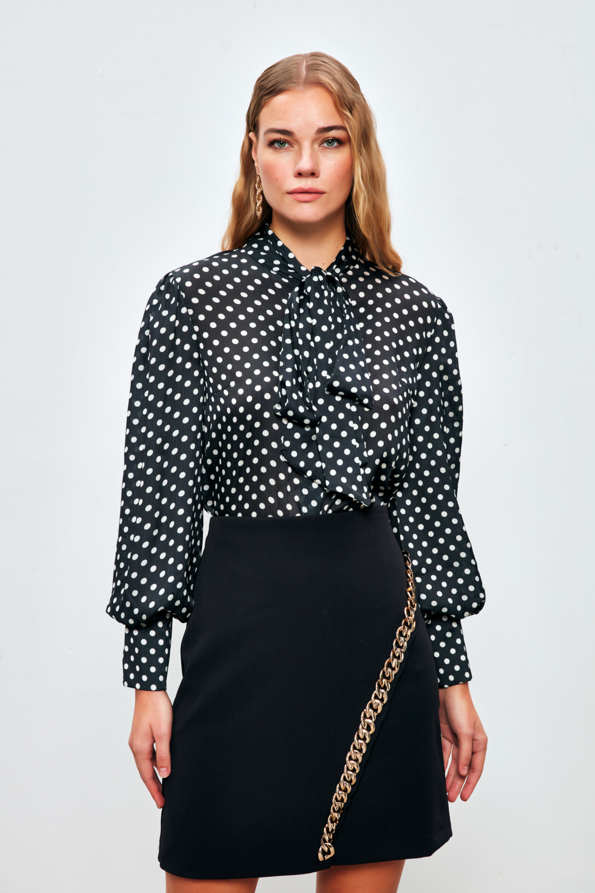 Puantiye Desenli Gömlek - SİYAH-EKRU