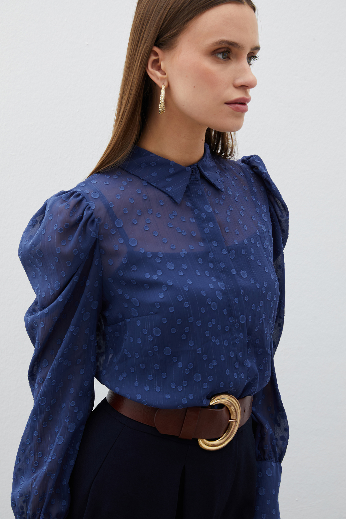 Puantiye Dokulu Gömlek - LACİVERT