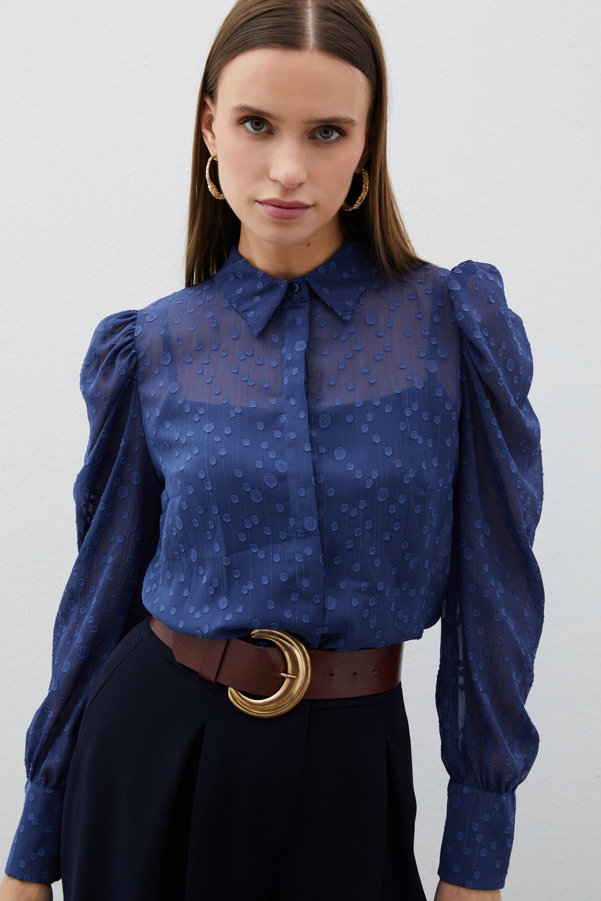 Puantiye Dokulu Gömlek - LACİVERT