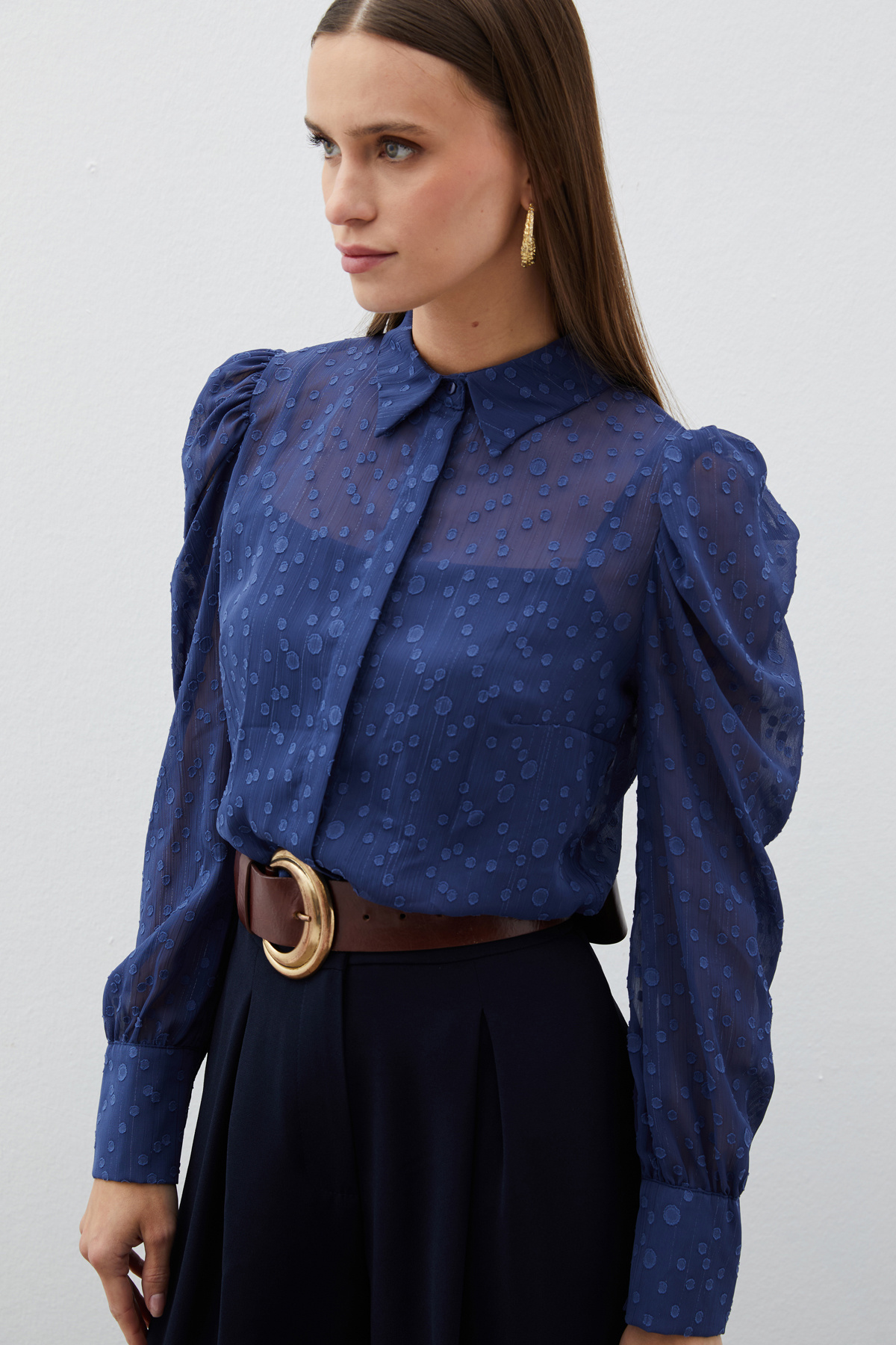 Puantiye Dokulu Gömlek - LACİVERT