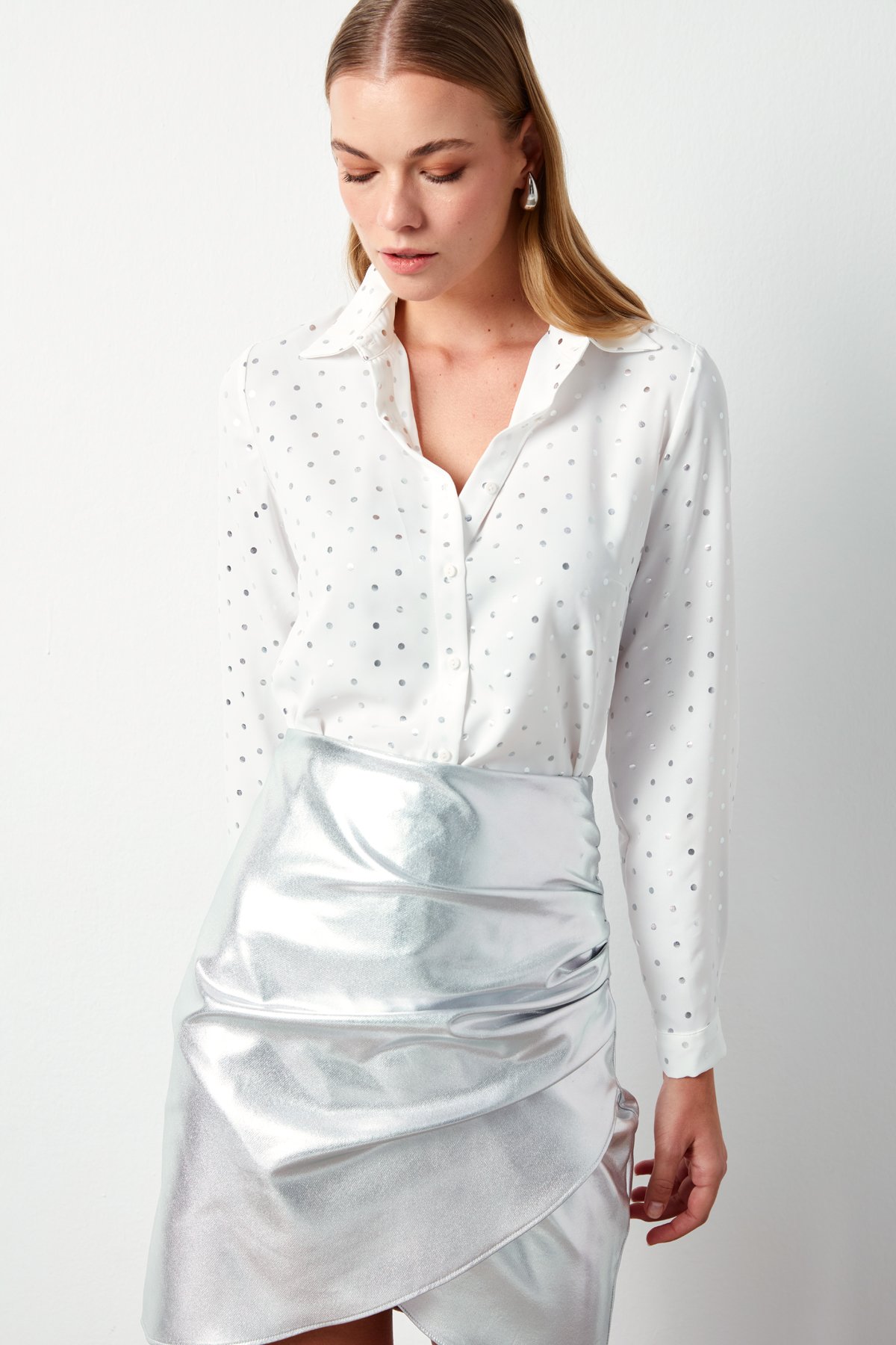 Puantiyeli Düz Gömlek - EKRU