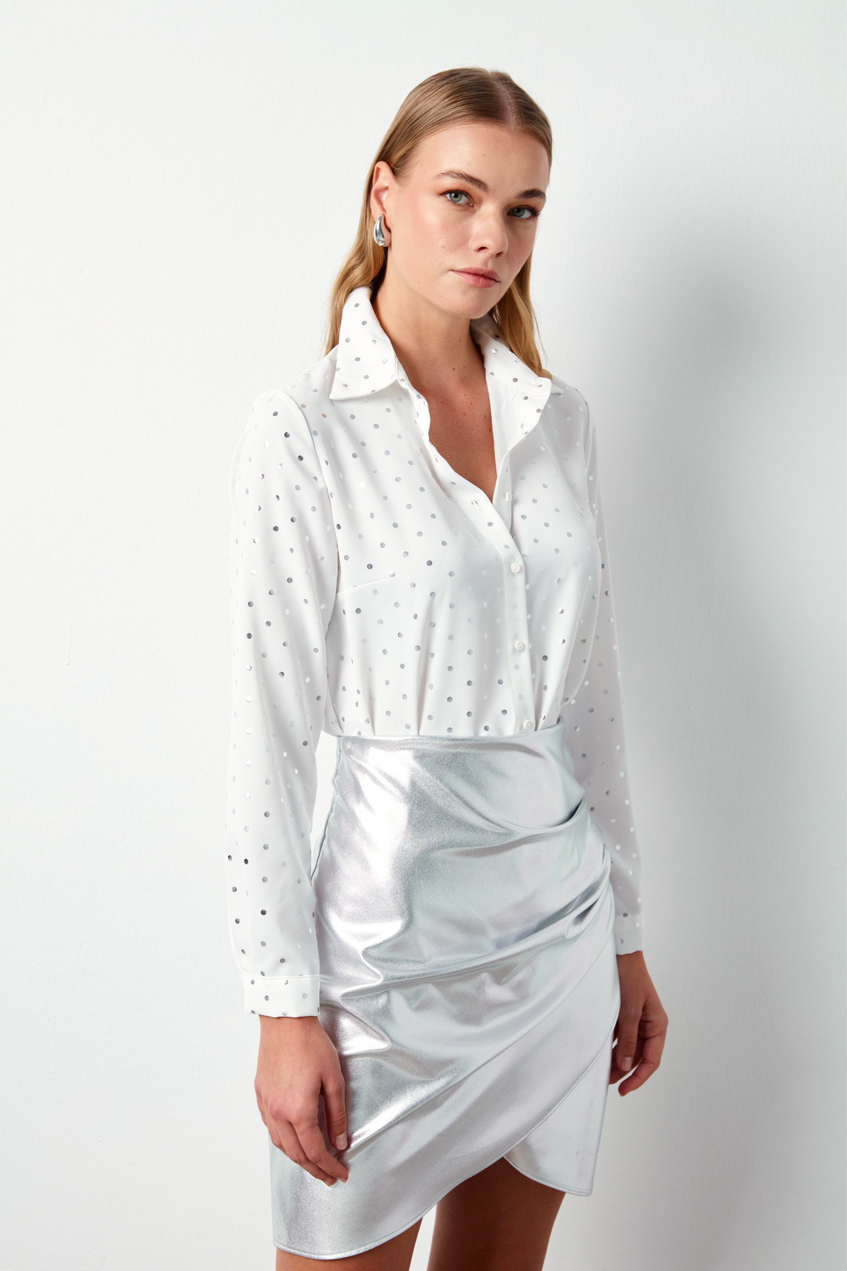 Puantiyeli Düz Gömlek - EKRU