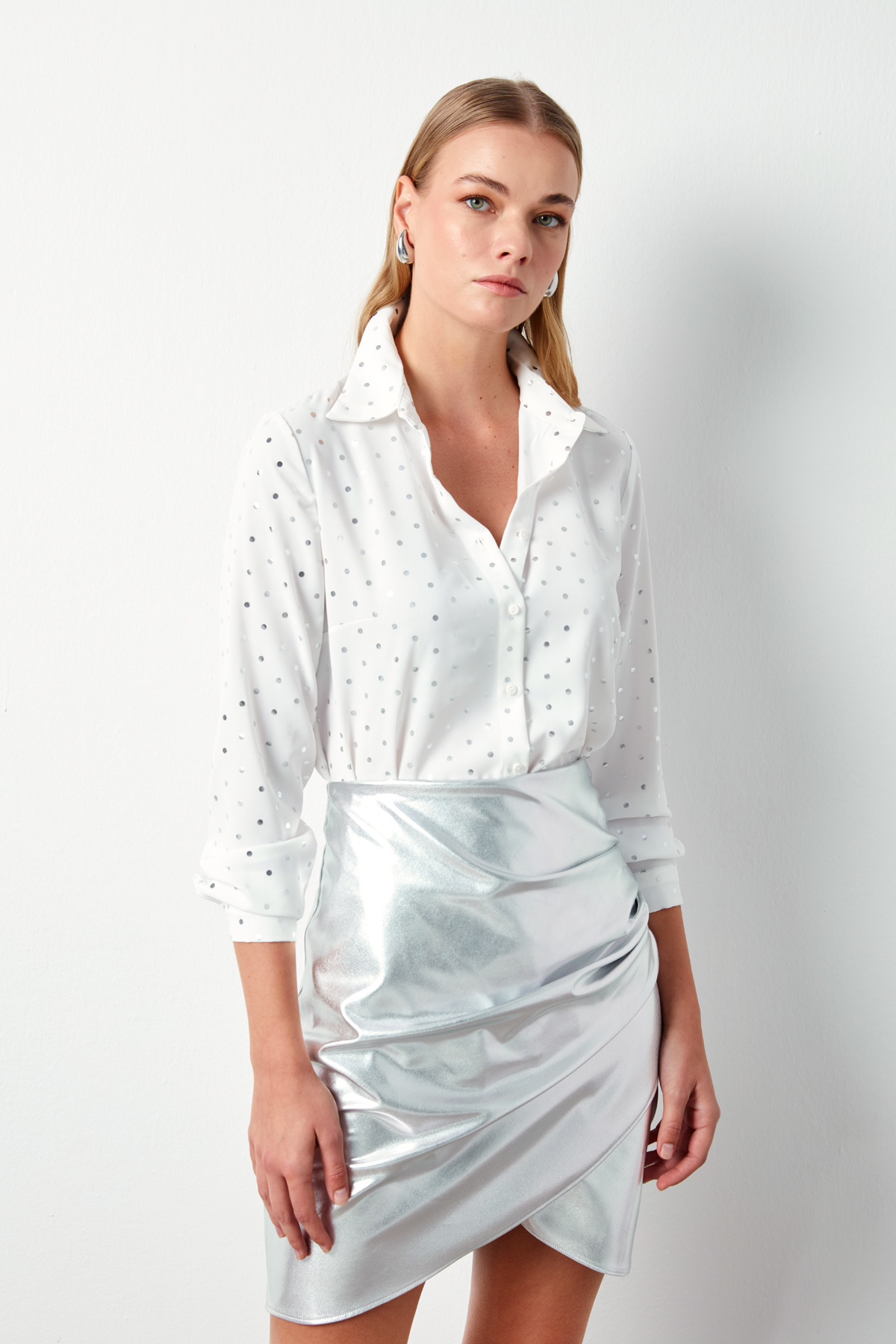 Puantiyeli Düz Gömlek - EKRU