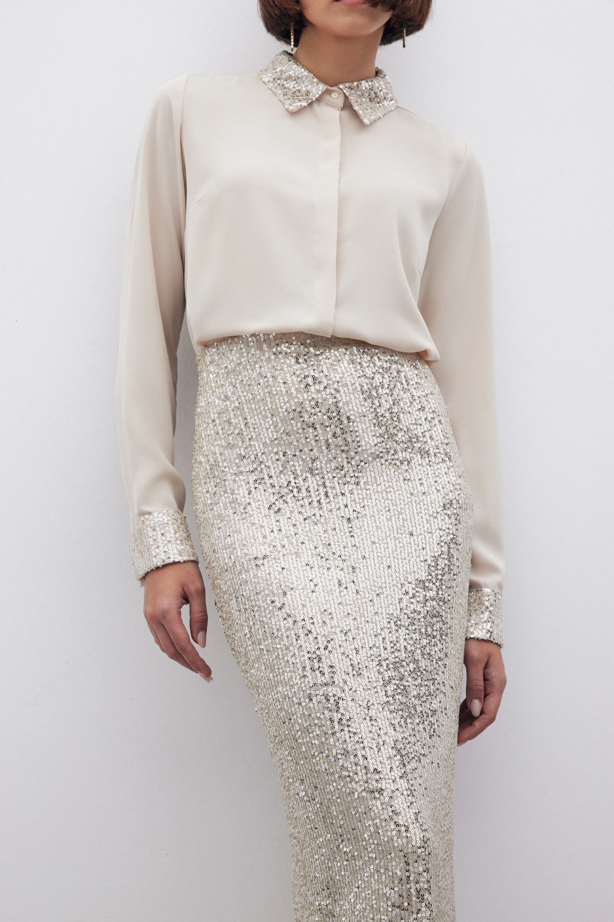 Pul Payetli Midi Etek - BEJ