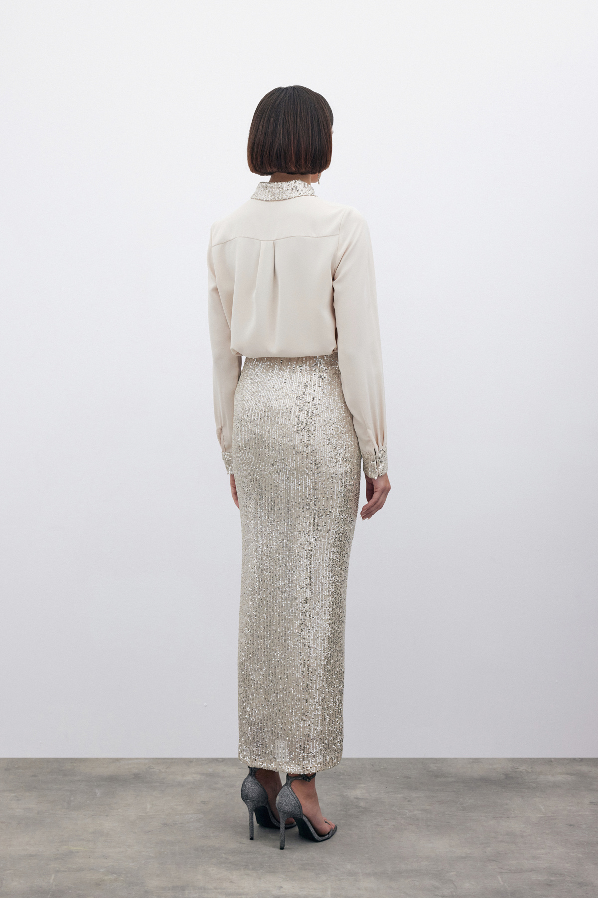 Pul Payetli Midi Etek - BEJ