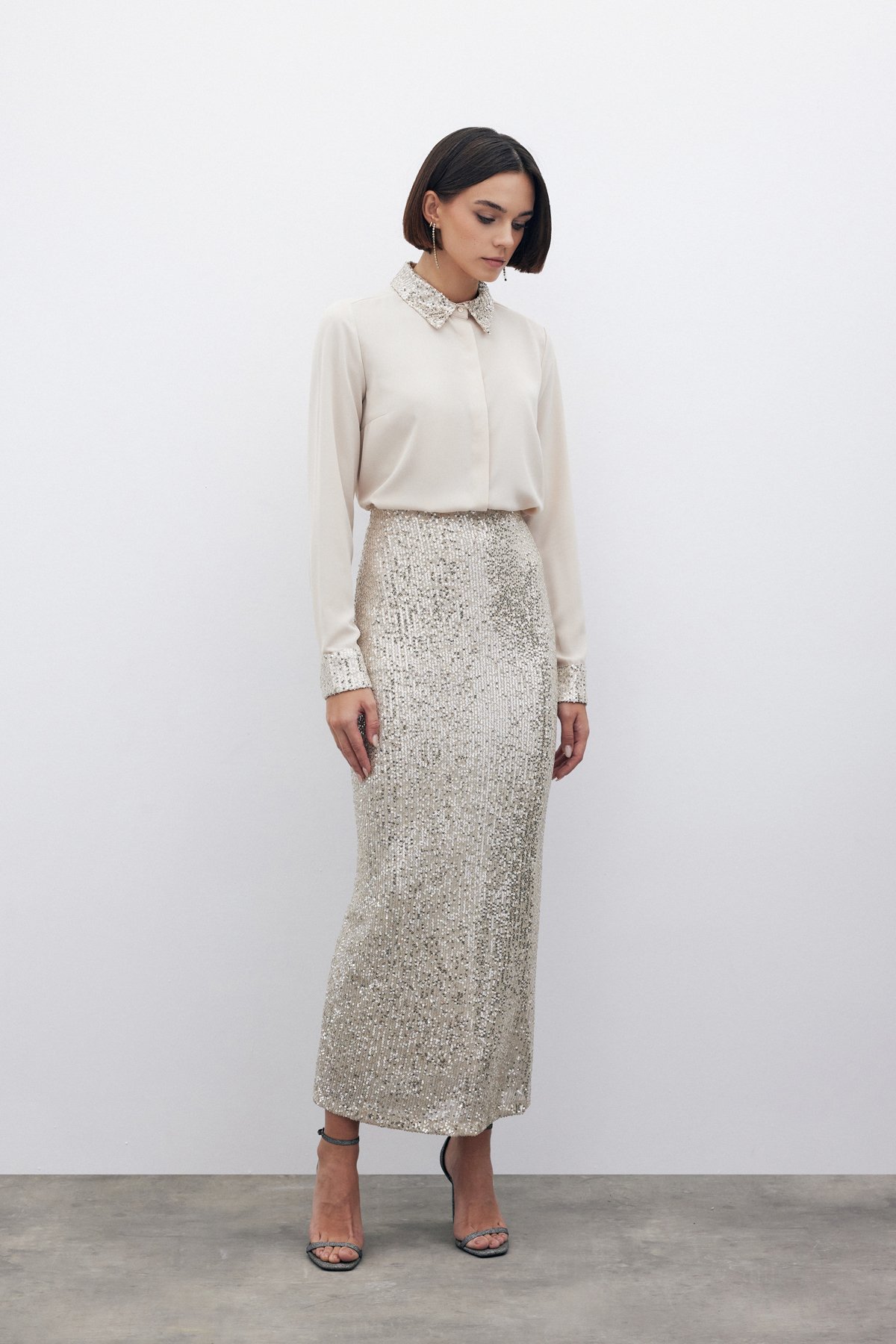 Pul Payetli Midi Etek - BEJ