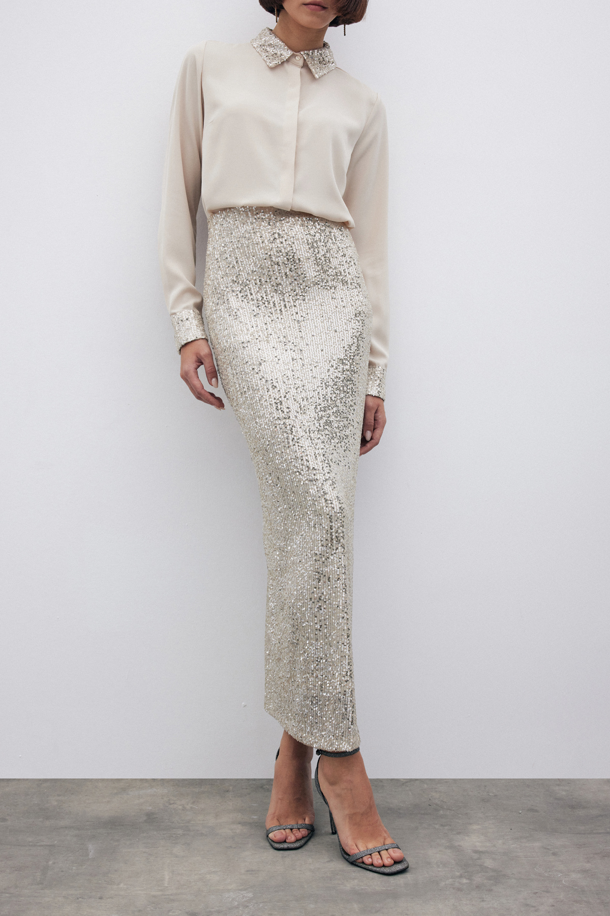 Pul Payetli Midi Etek - BEJ