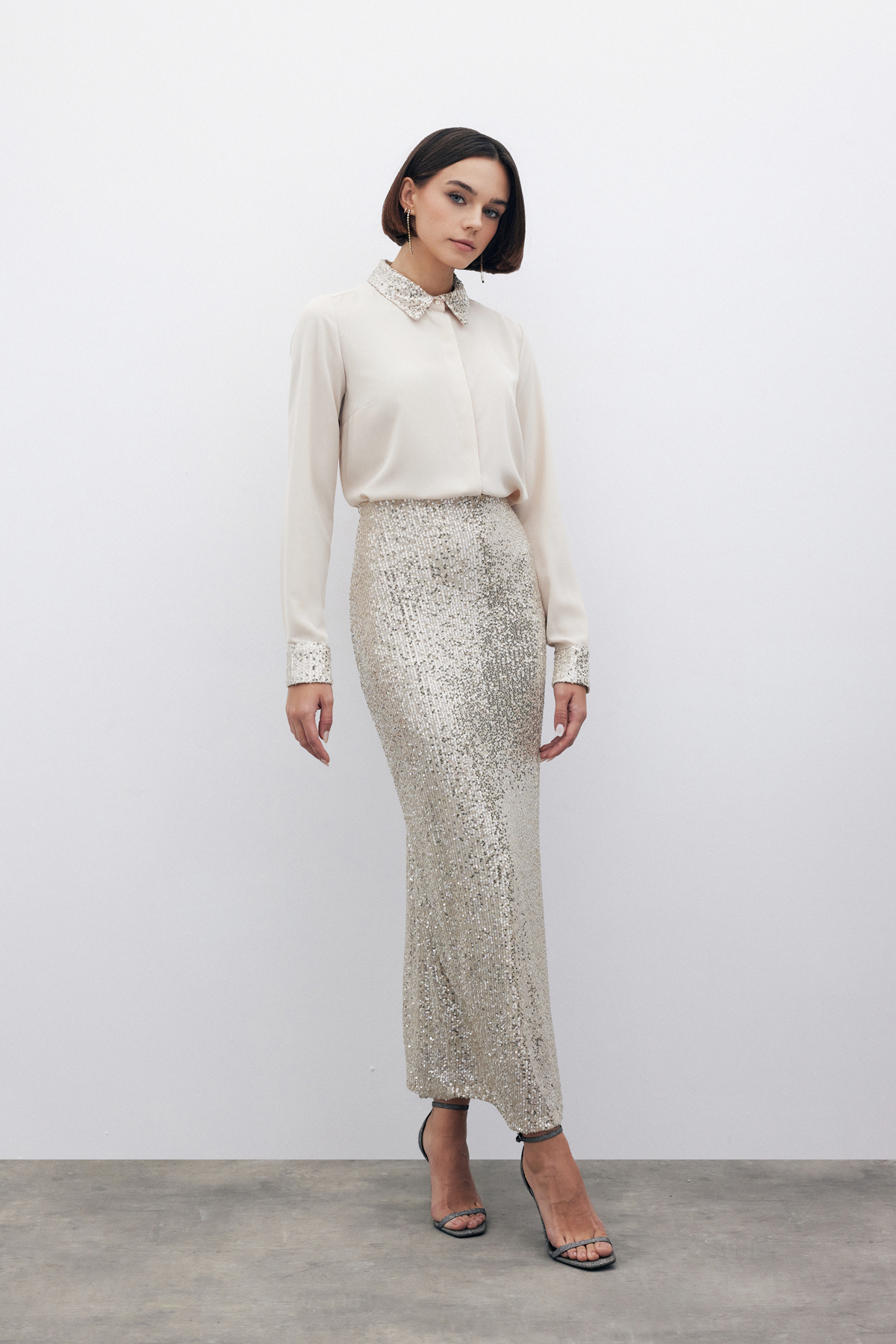 Pul Payetli Midi Etek - BEJ