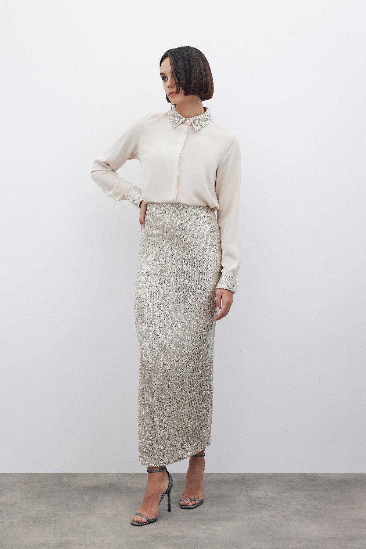 Pul Payetli Midi Etek - BEJ