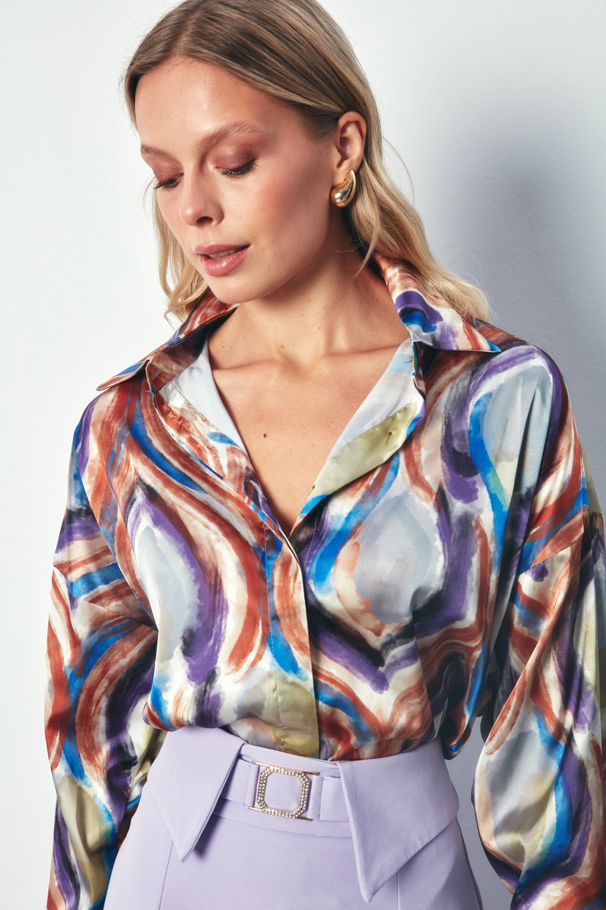 Color Patterned Satin Shirt - COFFEE