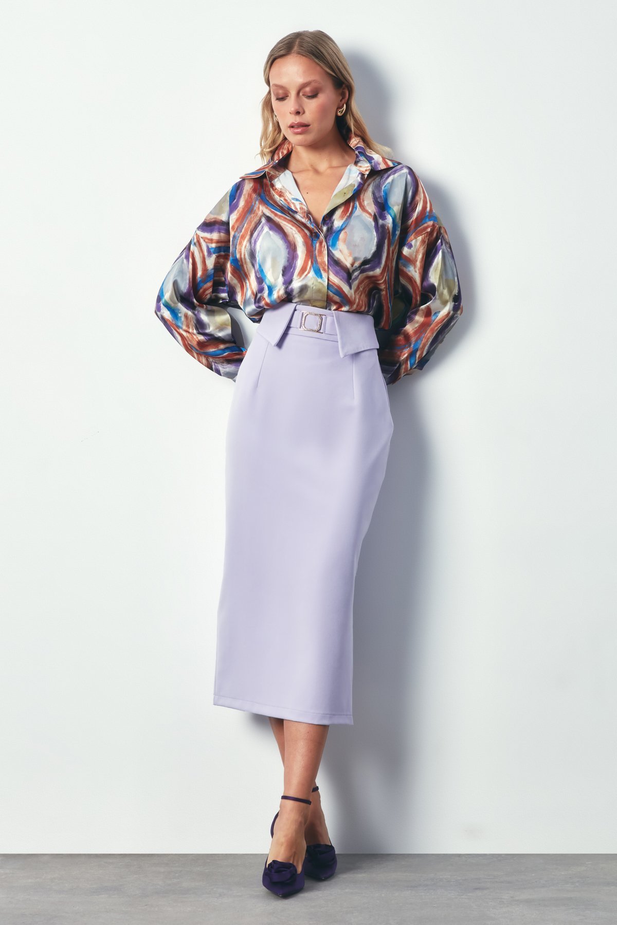 Color Patterned Satin Shirt - COFFEE