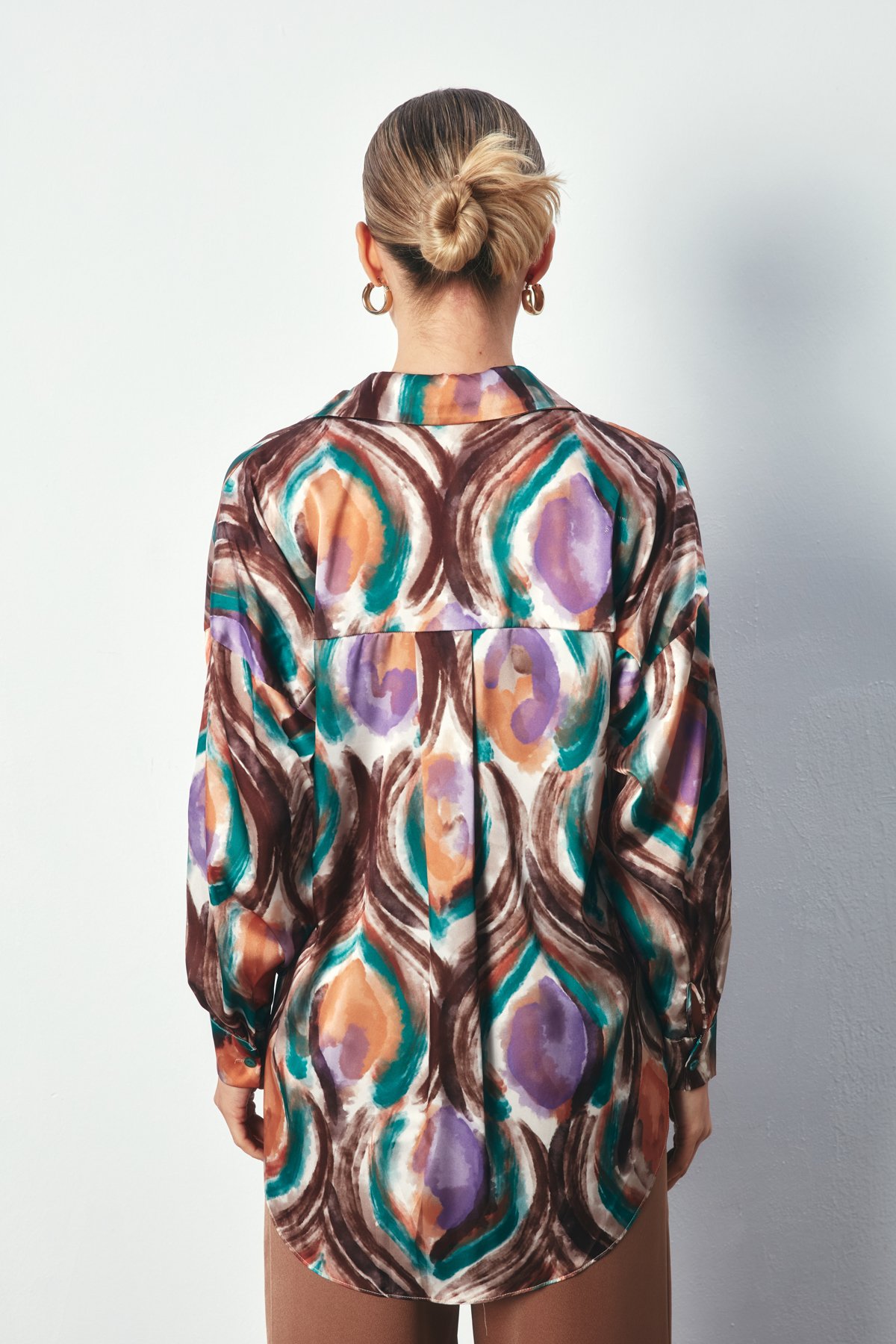 Renk Desenli Saten Gömlek - YEŞİL