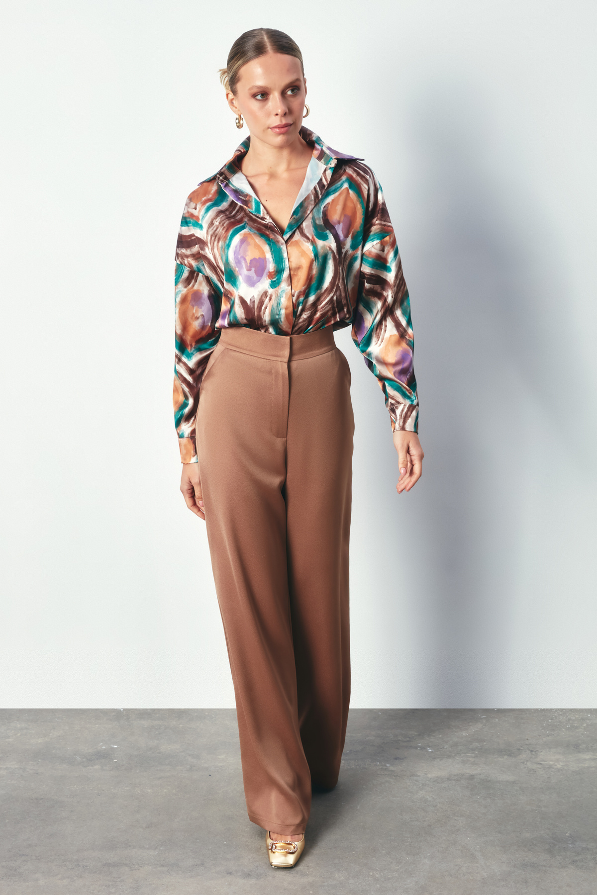 Renk Desenli Saten Gömlek - YEŞİL