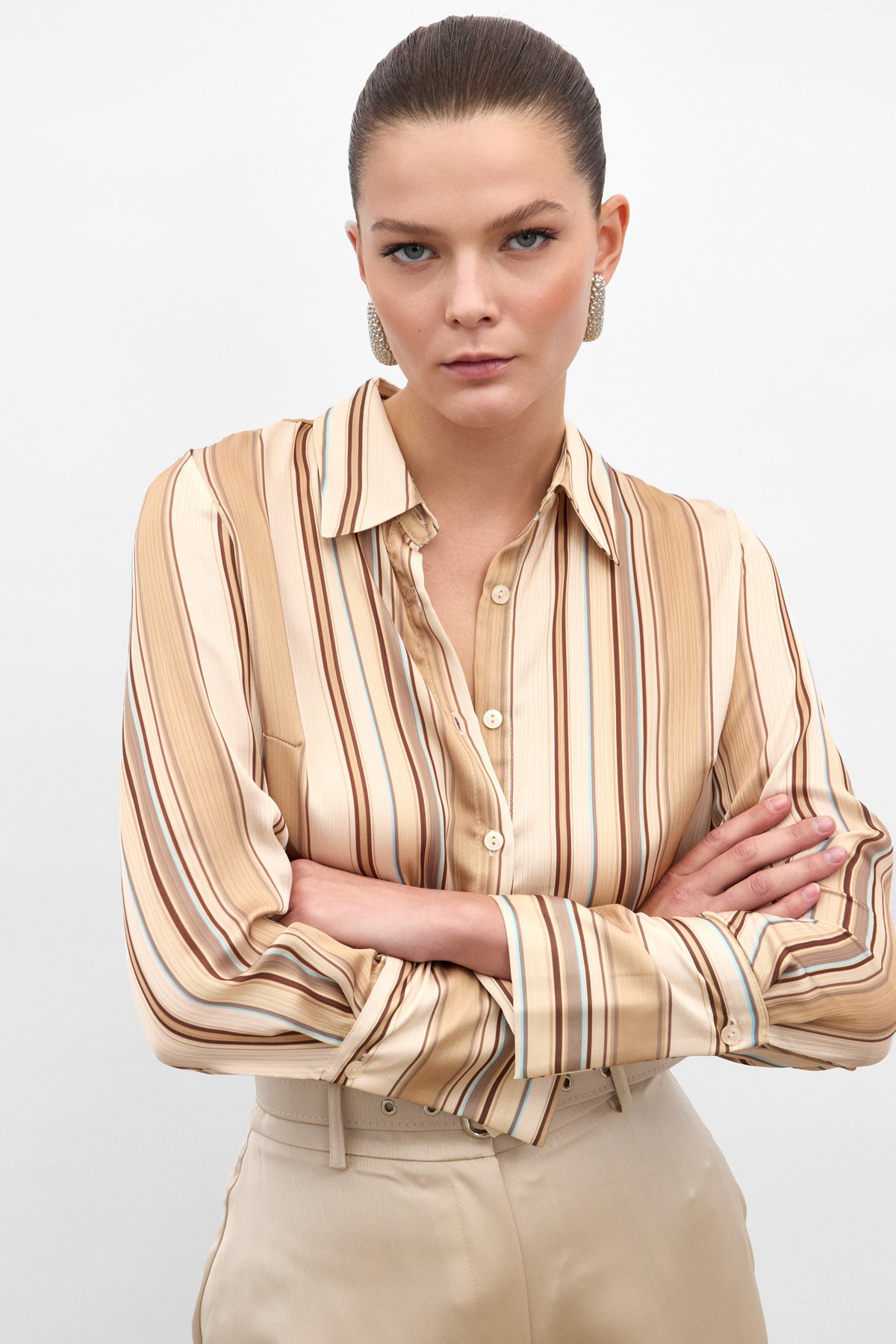 Renkli Çizgili Gömlek - Camel