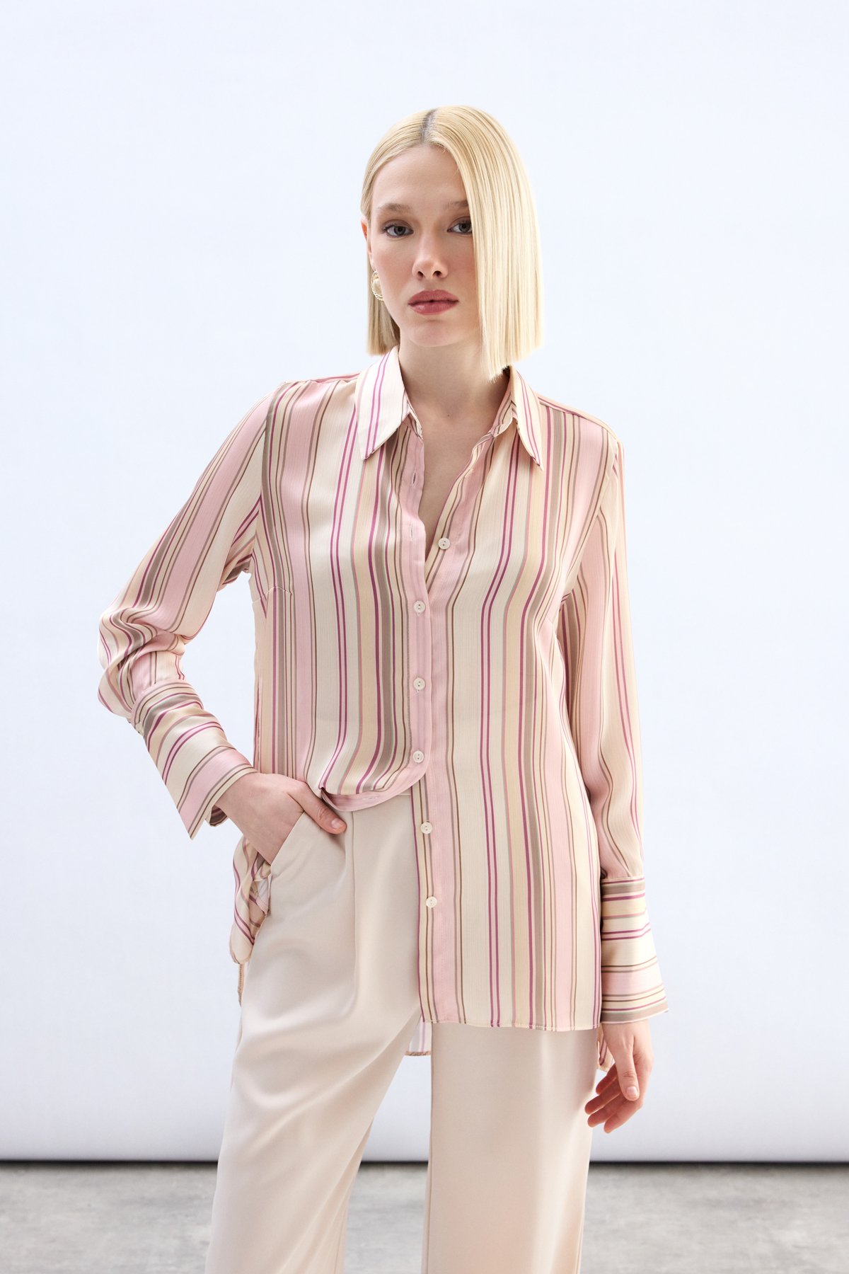 Renkli Çizgili Gömlek - Pudra