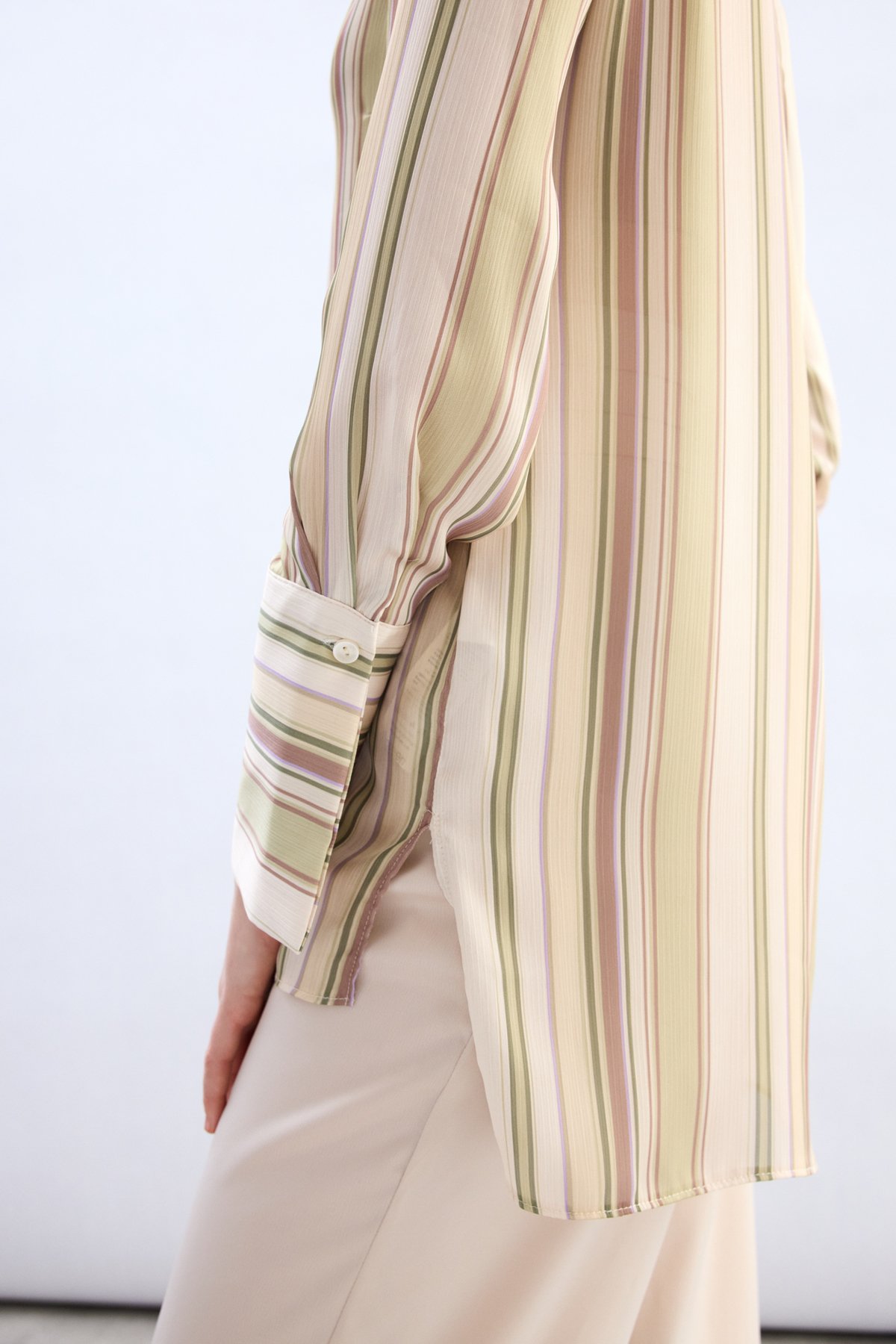 Renkli Çizgili Gömlek - Yağ Yeşili