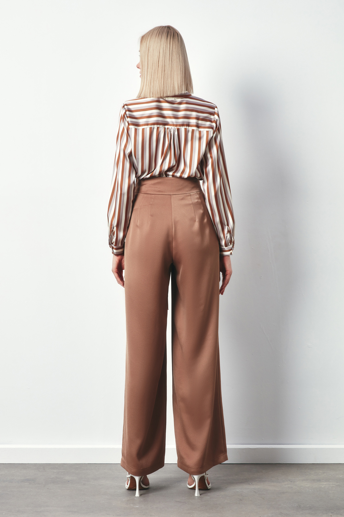 Renkli Çizgili Kruvaze Bluz - KAHVE