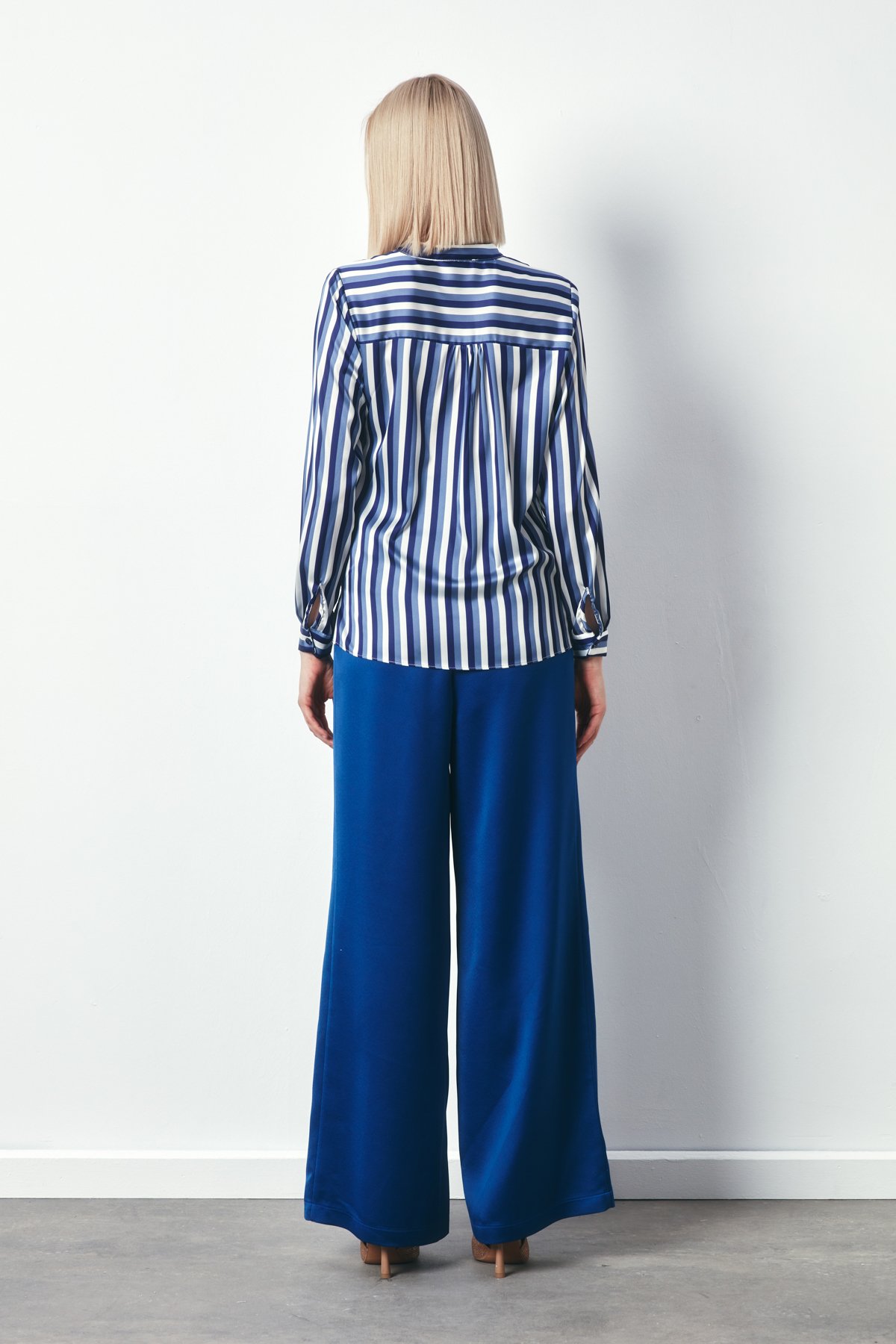 Renkli Çizgili Kruvaze Bluz - LACİVERT