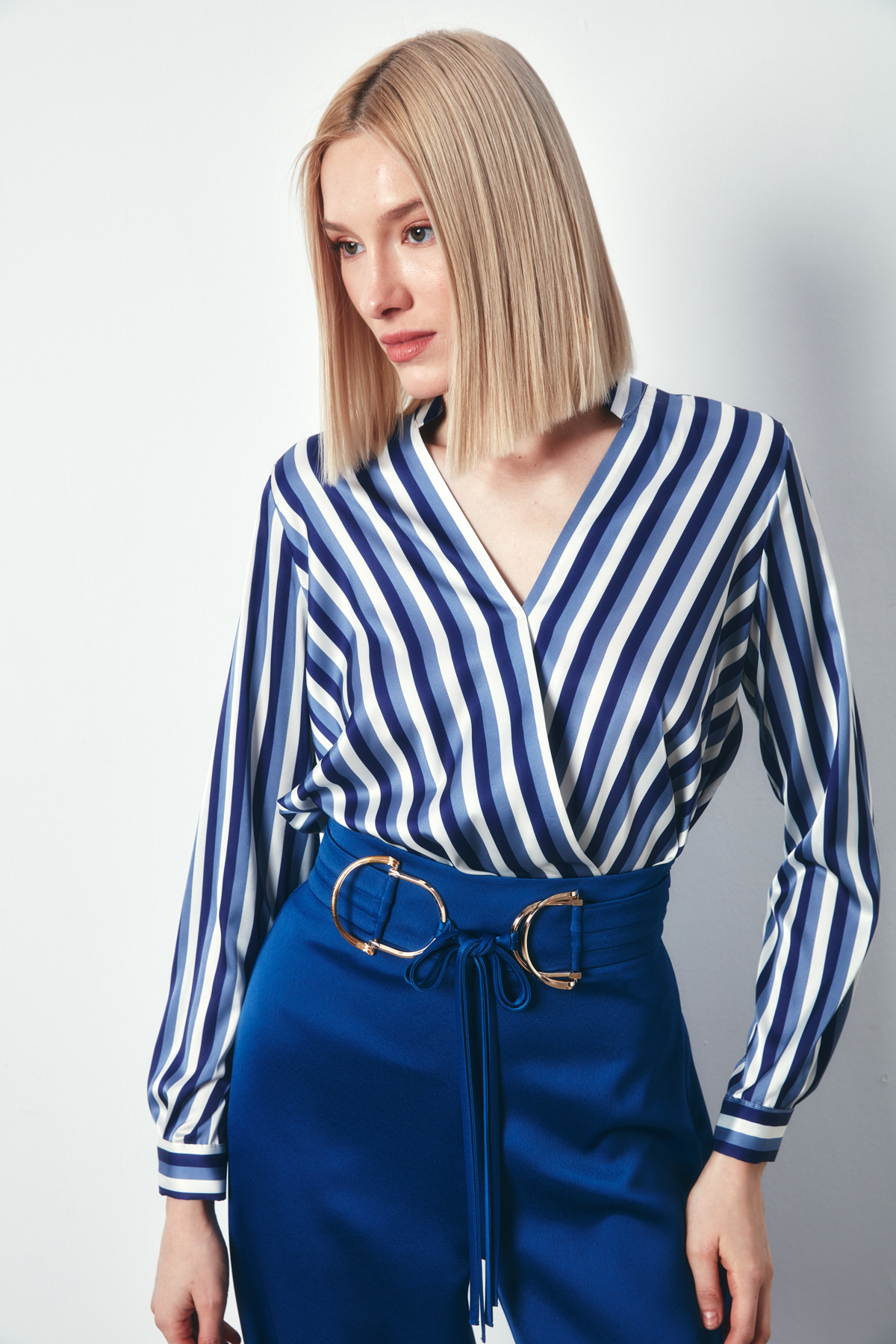 Renkli Çizgili Kruvaze Bluz - LACİVERT