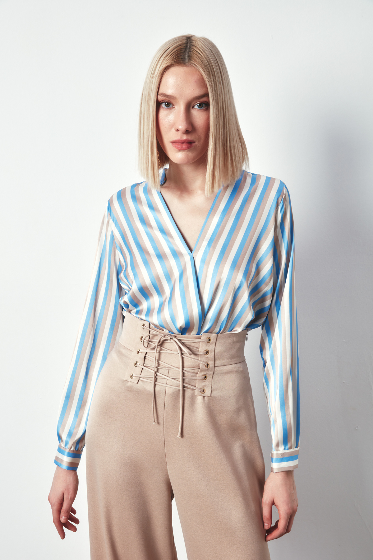 Renkli Çizgili Kruvaze Bluz - MAVİ