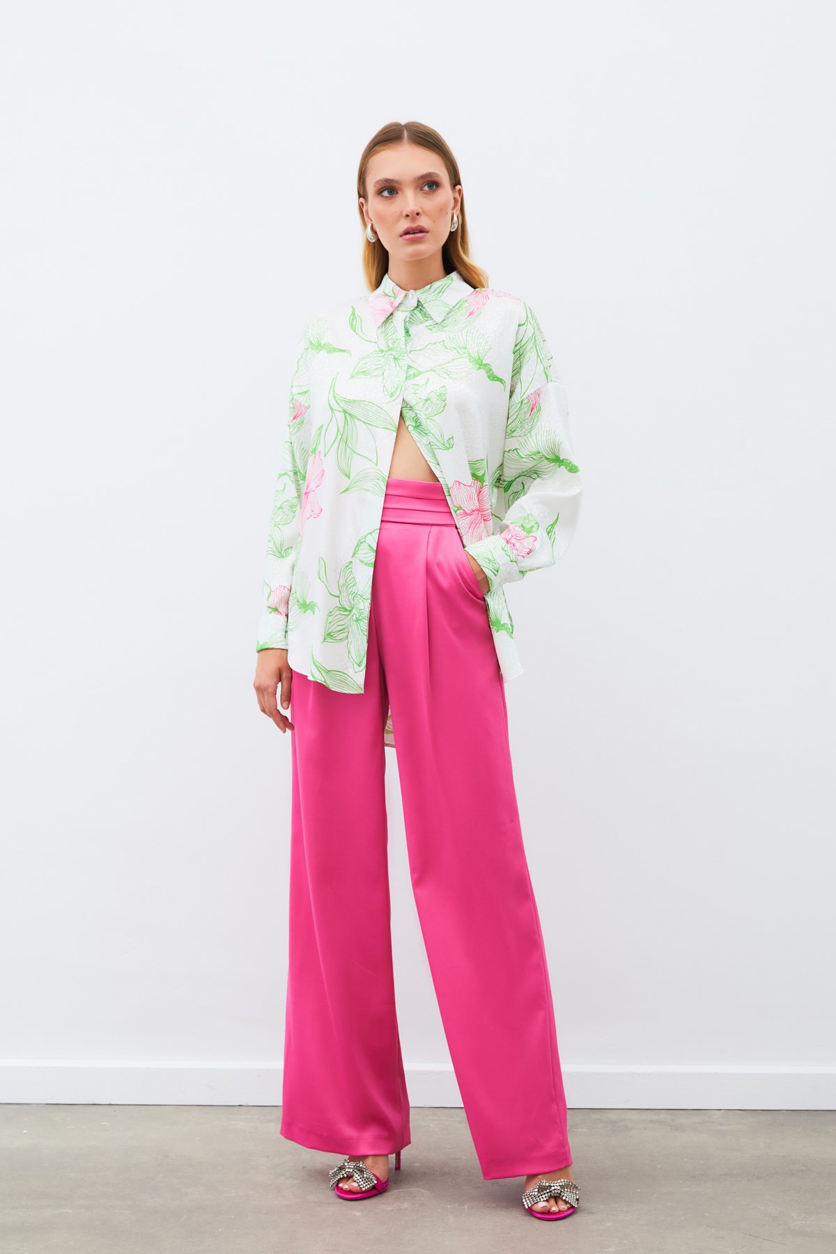 Renkli Desenli Salaş Gömlek - YEŞİL