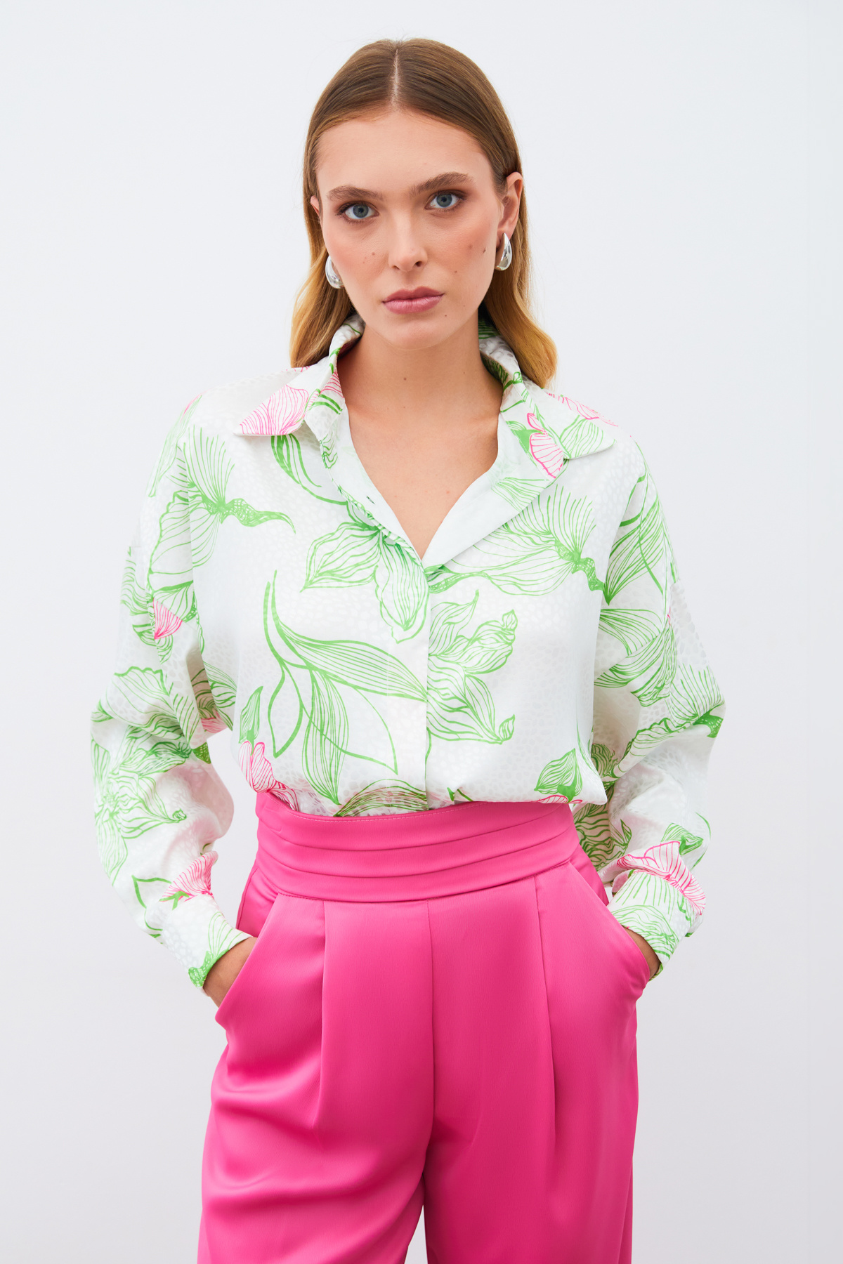 Renkli Desenli Salaş Gömlek - YEŞİL