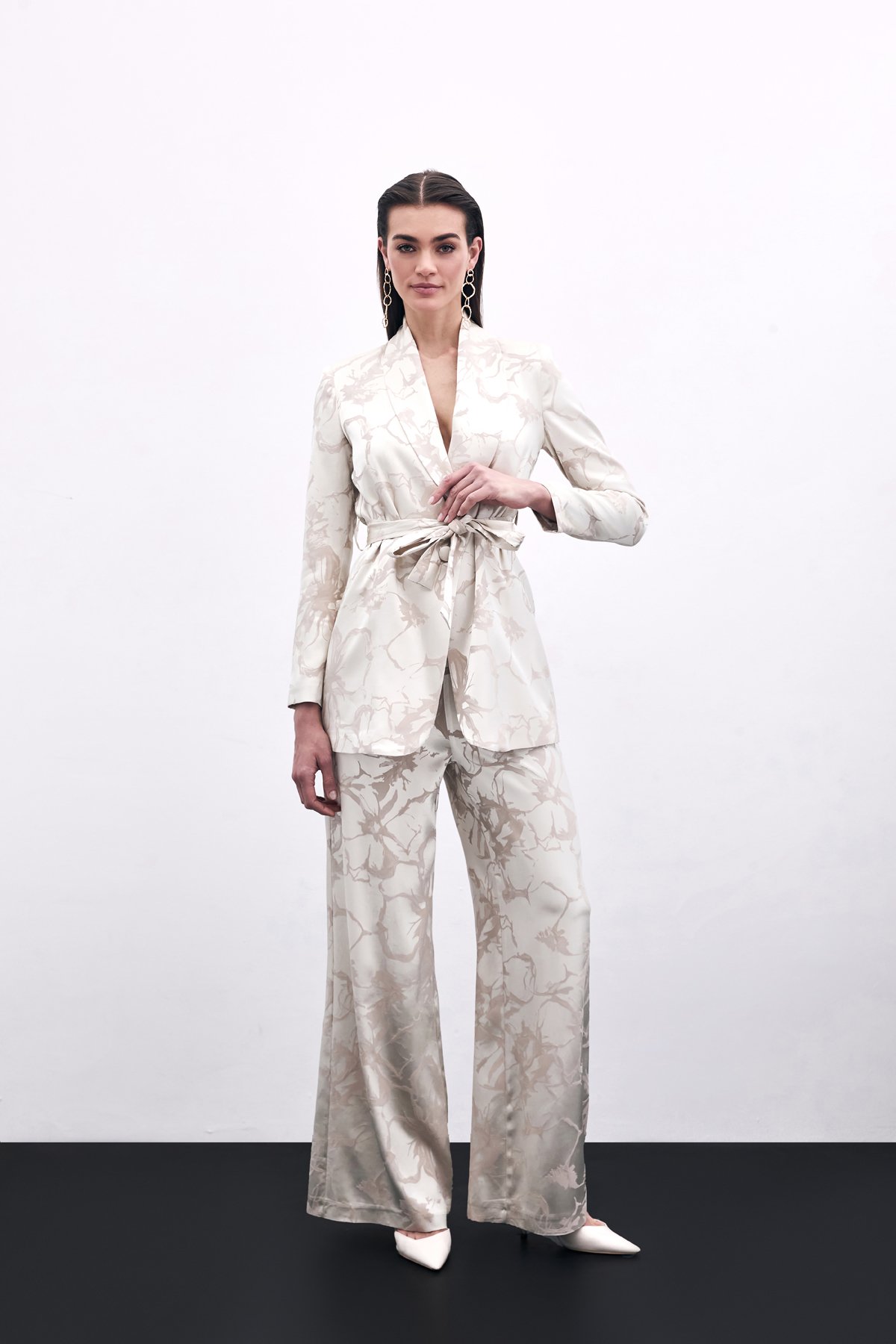 Renkli Jakarlı Pantolon - Bej