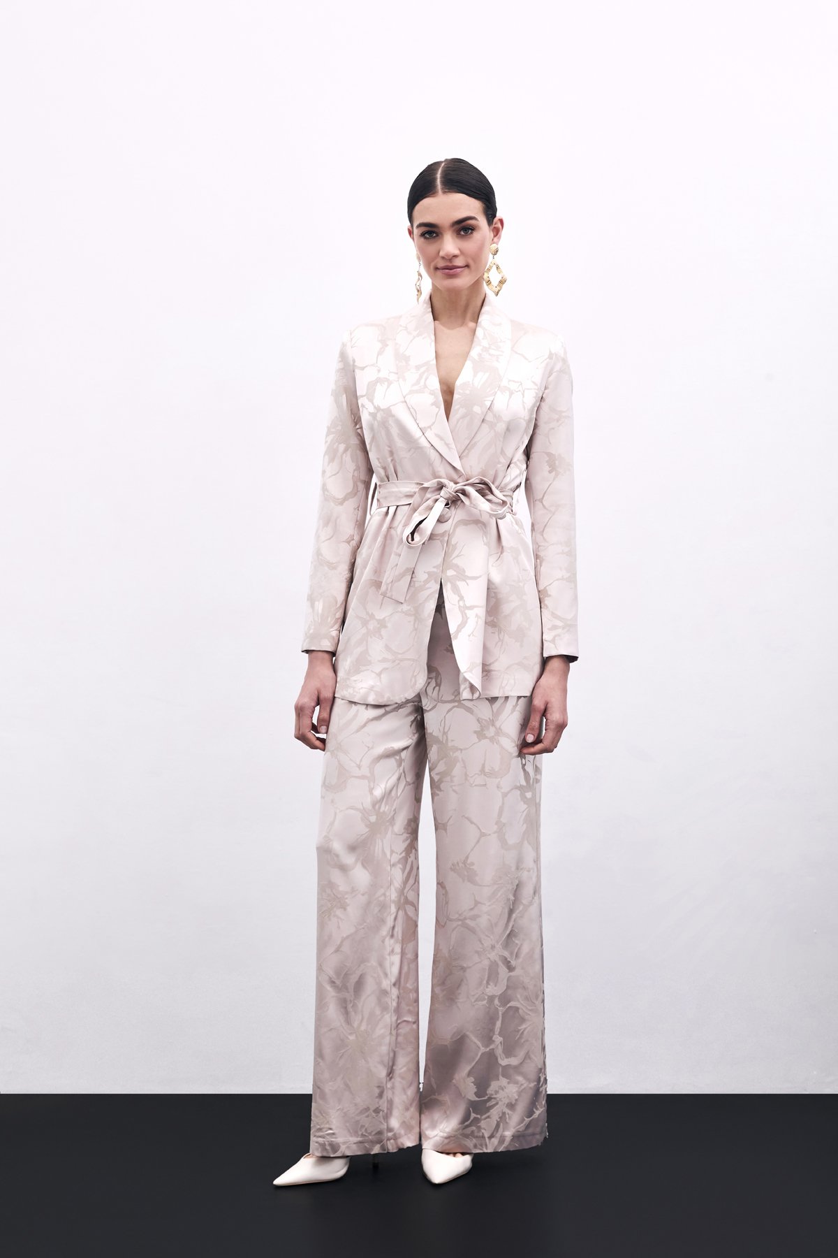 Renkli Jakarlı Pantolon - Pudra