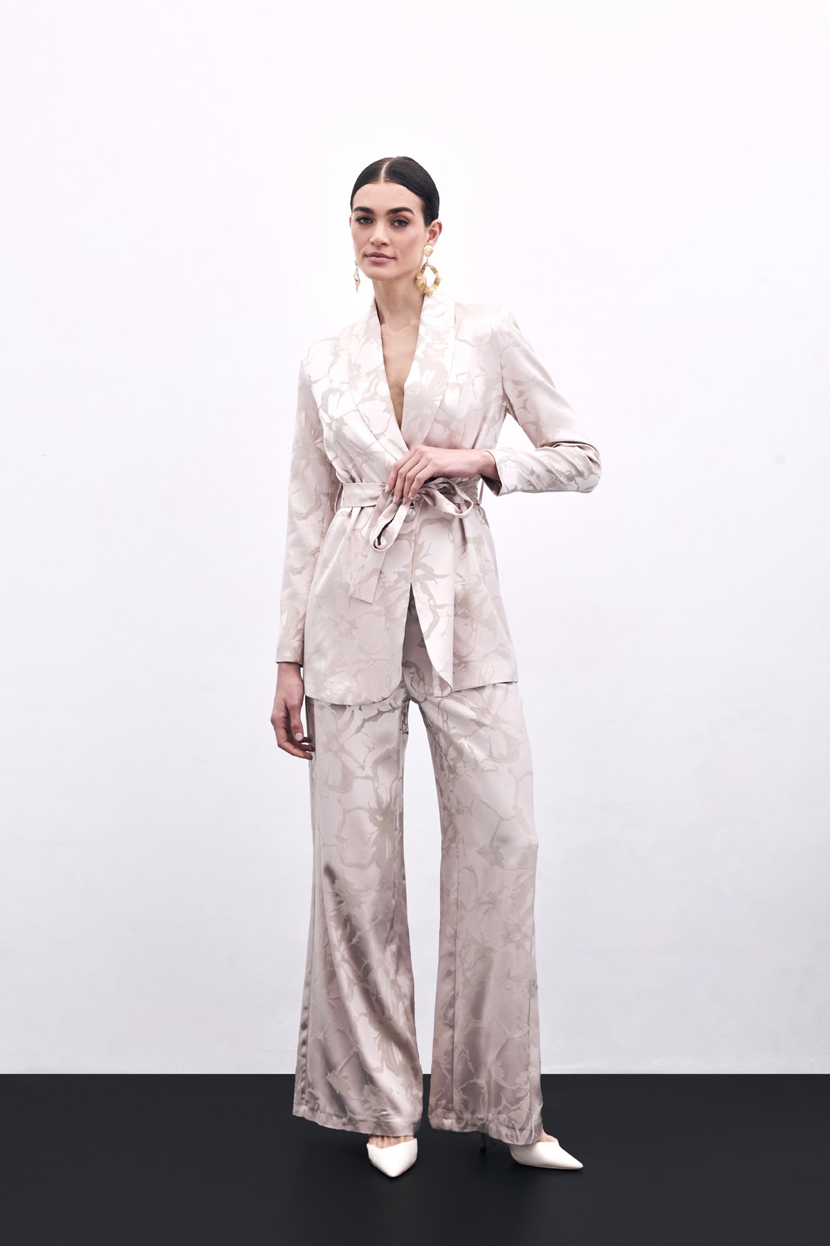 Renkli Jakarlı Pantolon - Pudra