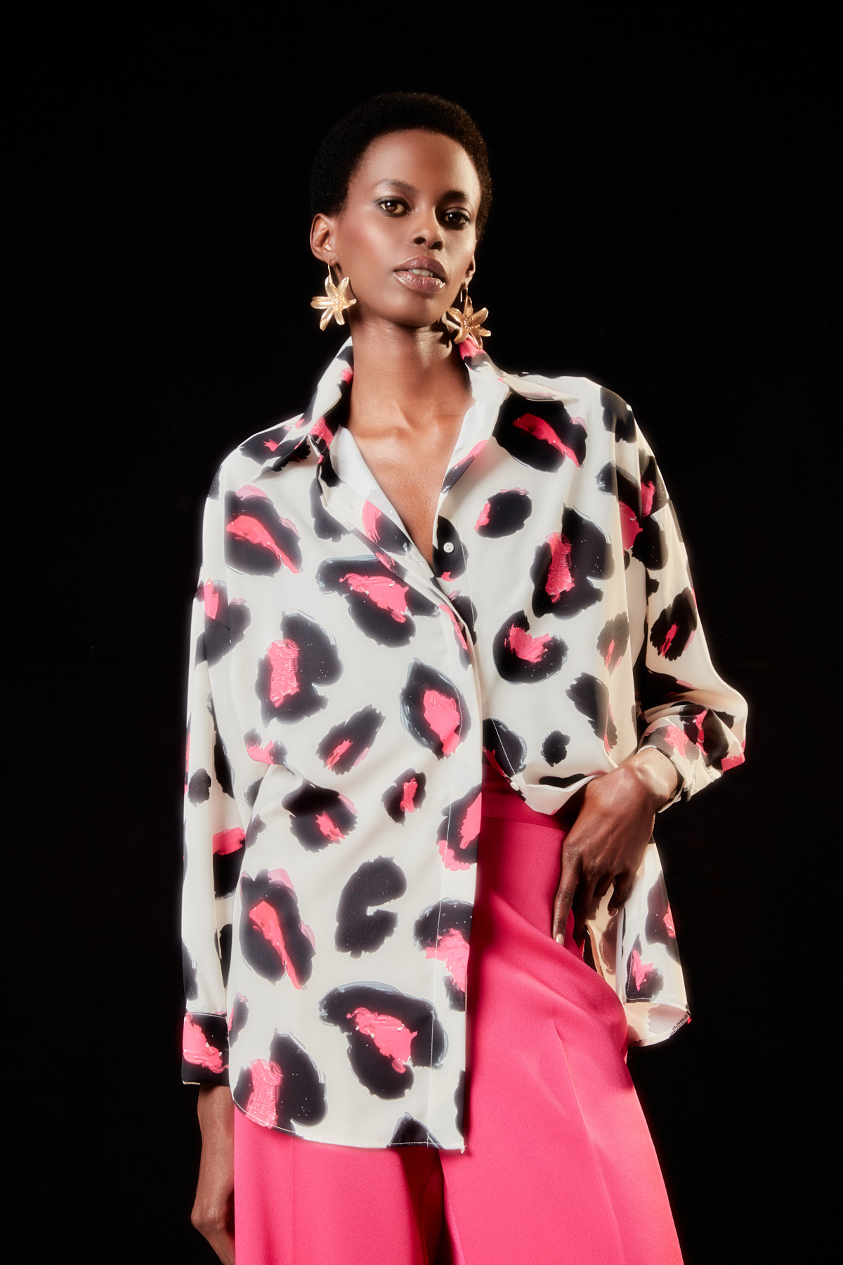 Colorful Leopard Patterned Loose Shirt - FuchsIa