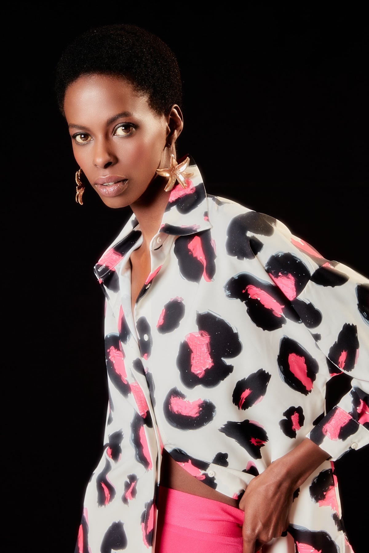 Colorful Leopard Patterned Loose Shirt - FuchsIa