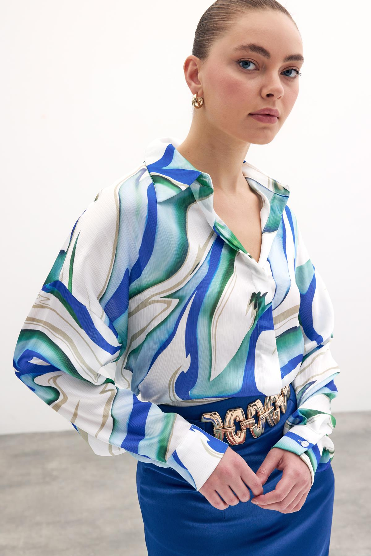 Renkli Salaş Gömlek - Sax Mavi