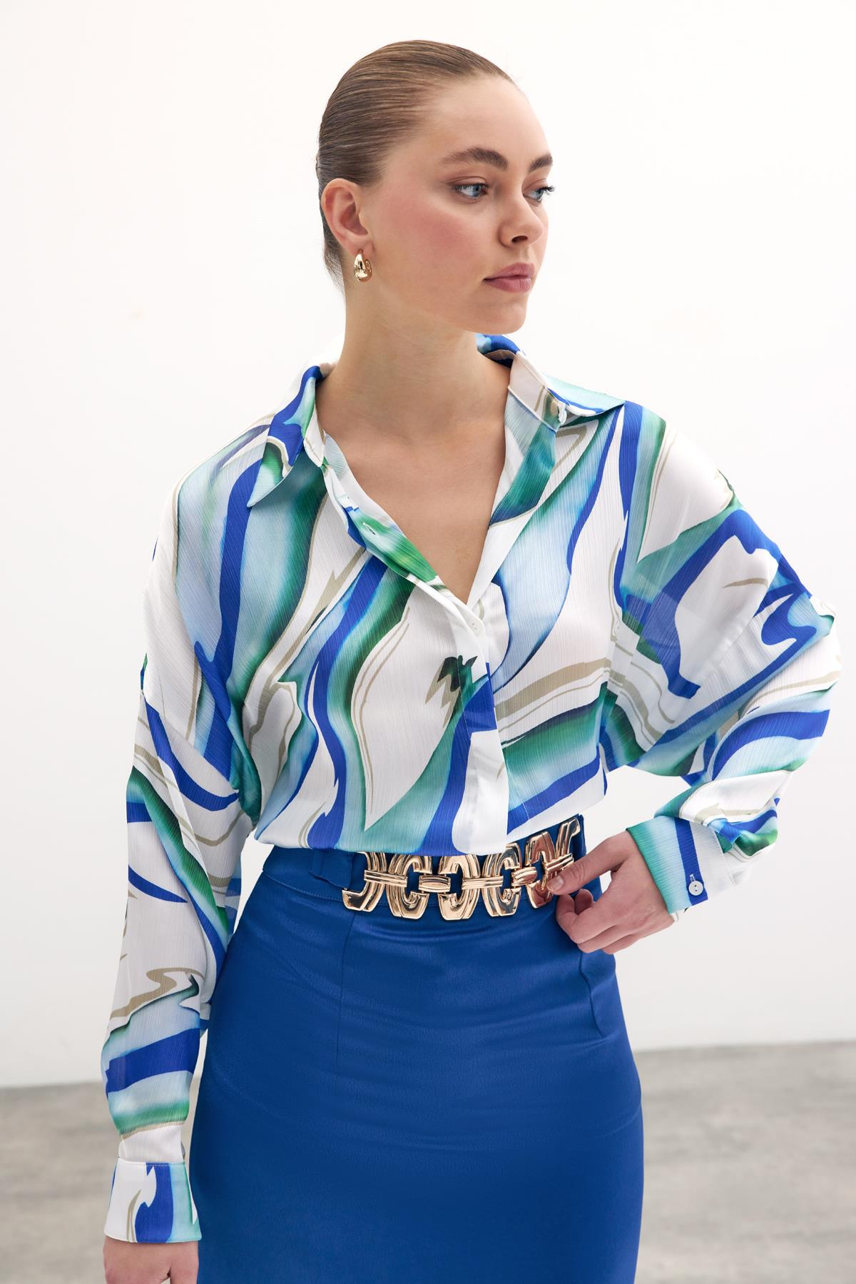 Renkli Salaş Gömlek - Sax Mavi