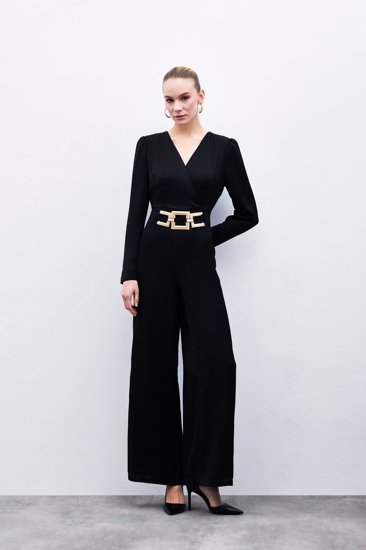 Sabit Kemerli Saten Tulum - Siyah