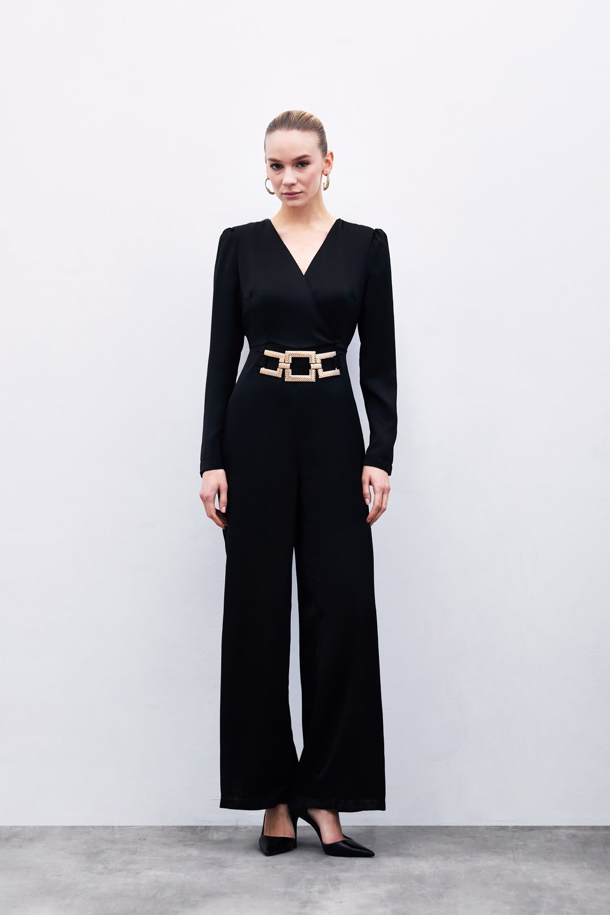 Sabit Kemerli Saten Tulum - Siyah