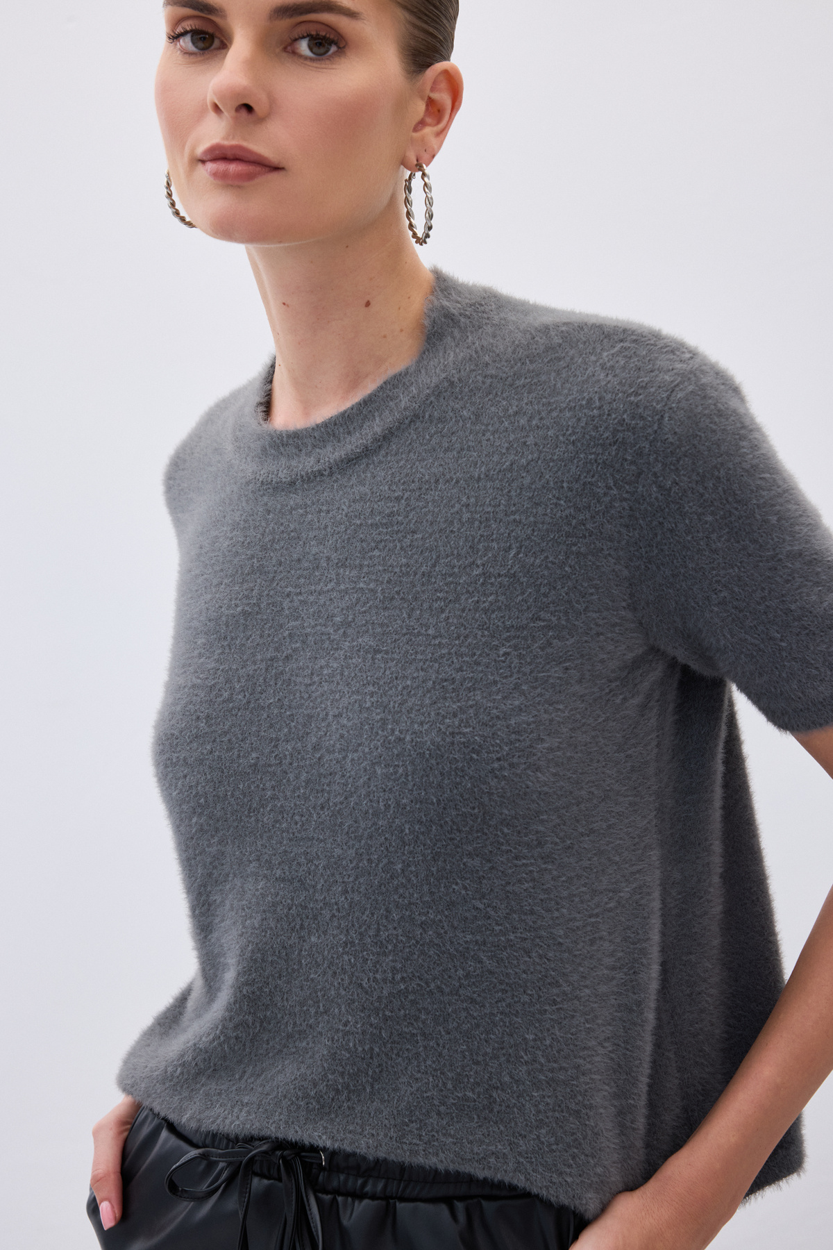 Sakallı Kısa Kol Triko - Antrasit