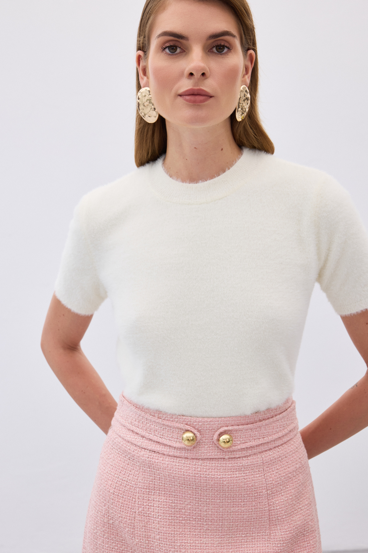 Sakallı Kısa Kol Triko - Ekru