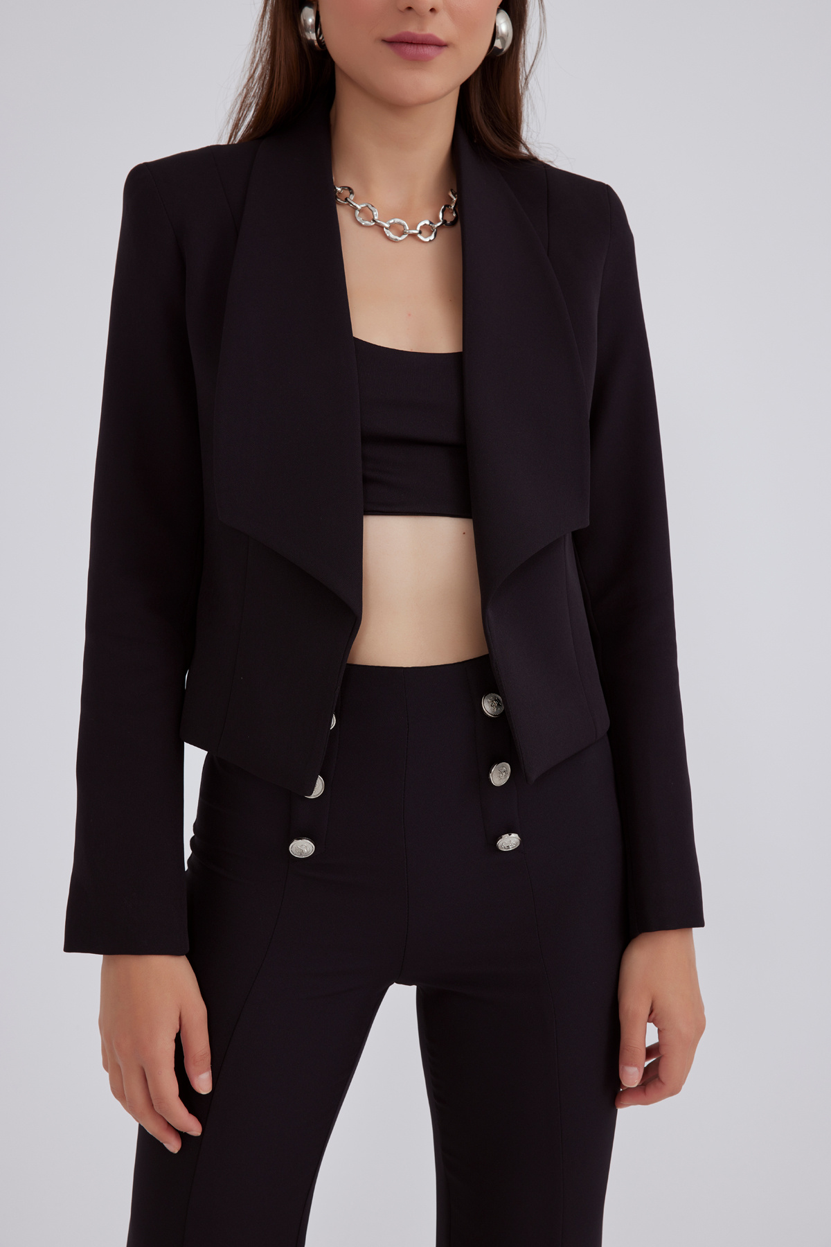 Şal yaka blazer crop ceket - SİYAH