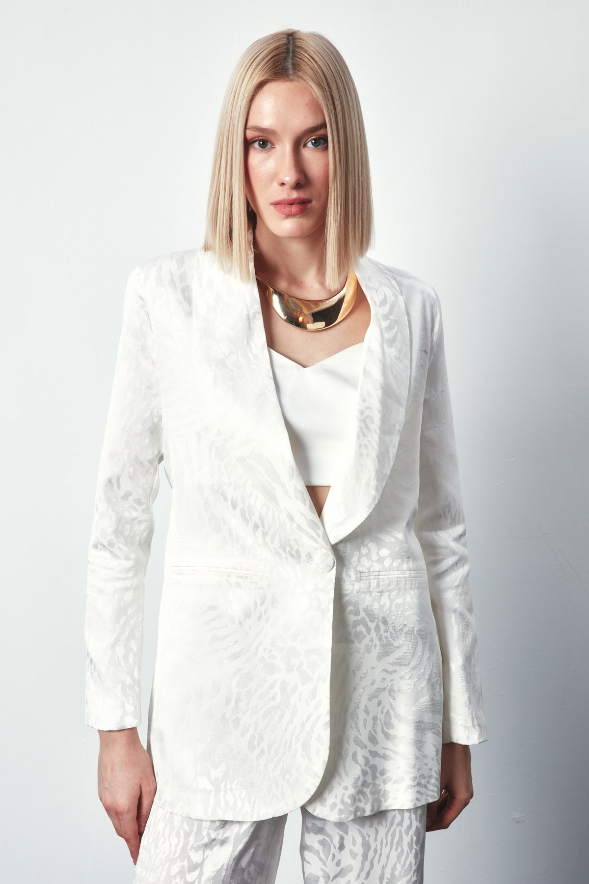 Şal Yaka Desenli Ceket - EKRU