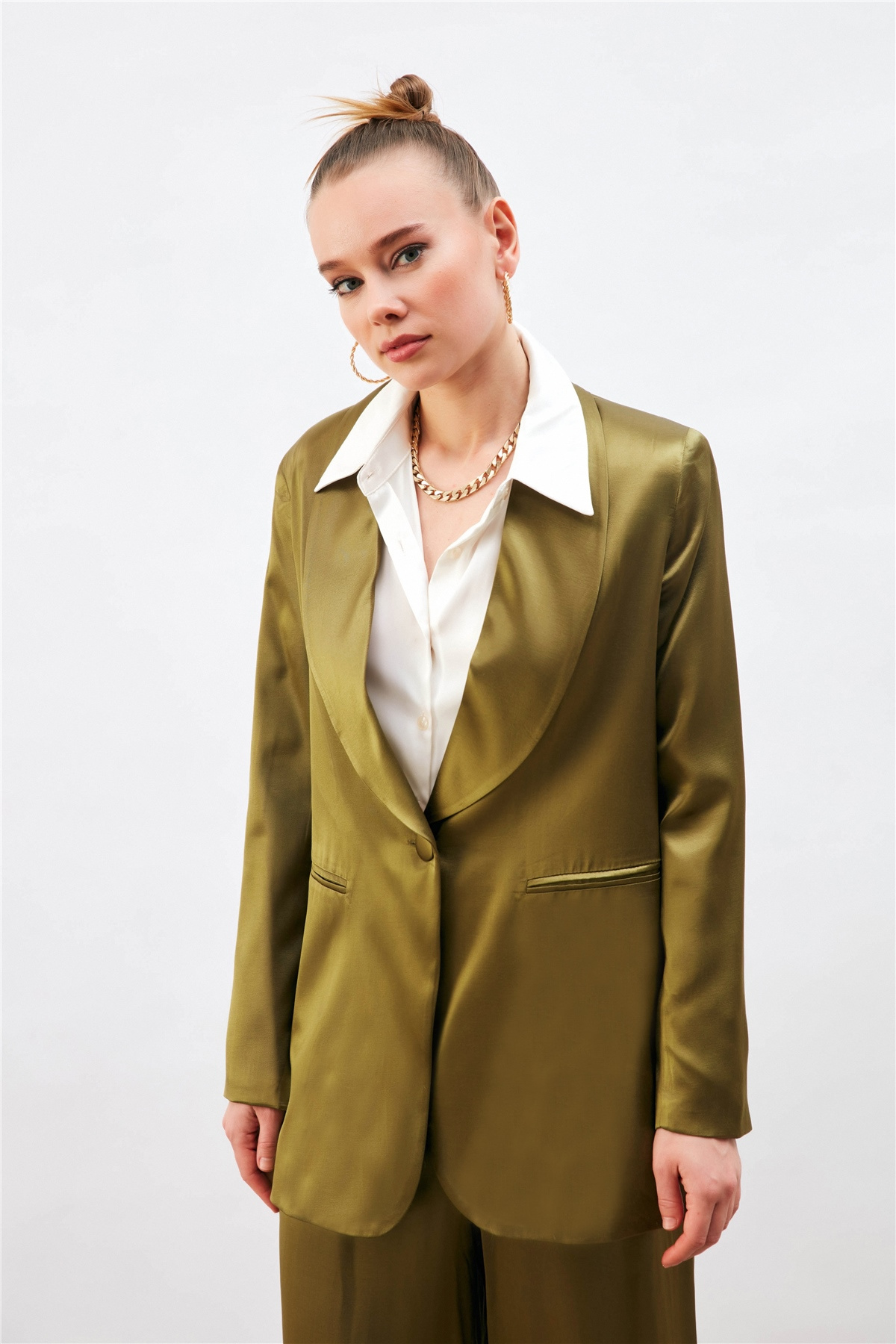 Şal Yaka Saten Ceket - HAKİ