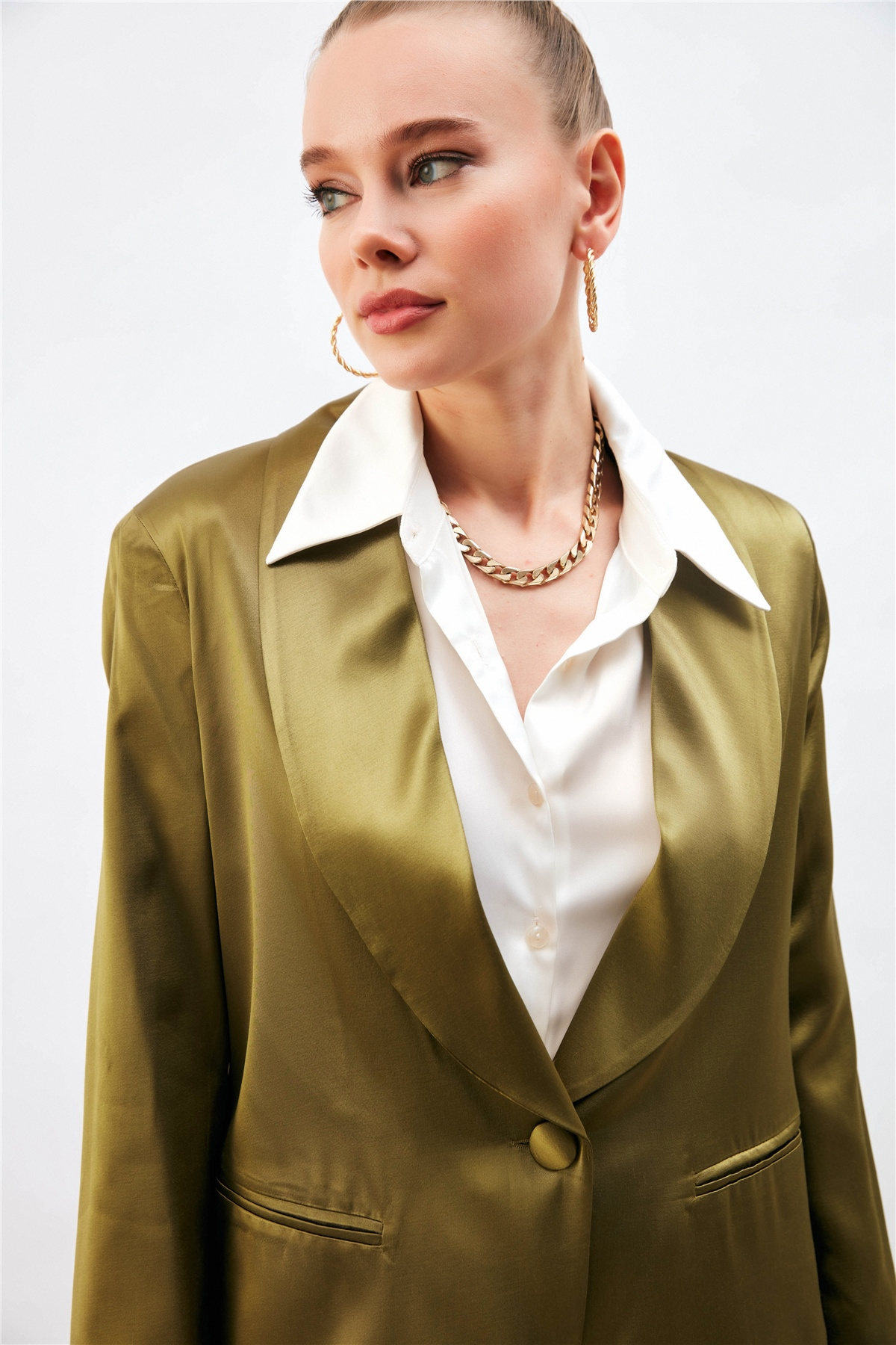 Şal Yaka Saten Ceket - HAKİ