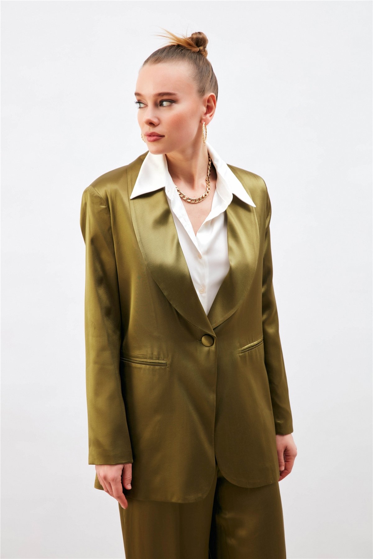 Şal Yaka Saten Ceket - HAKİ