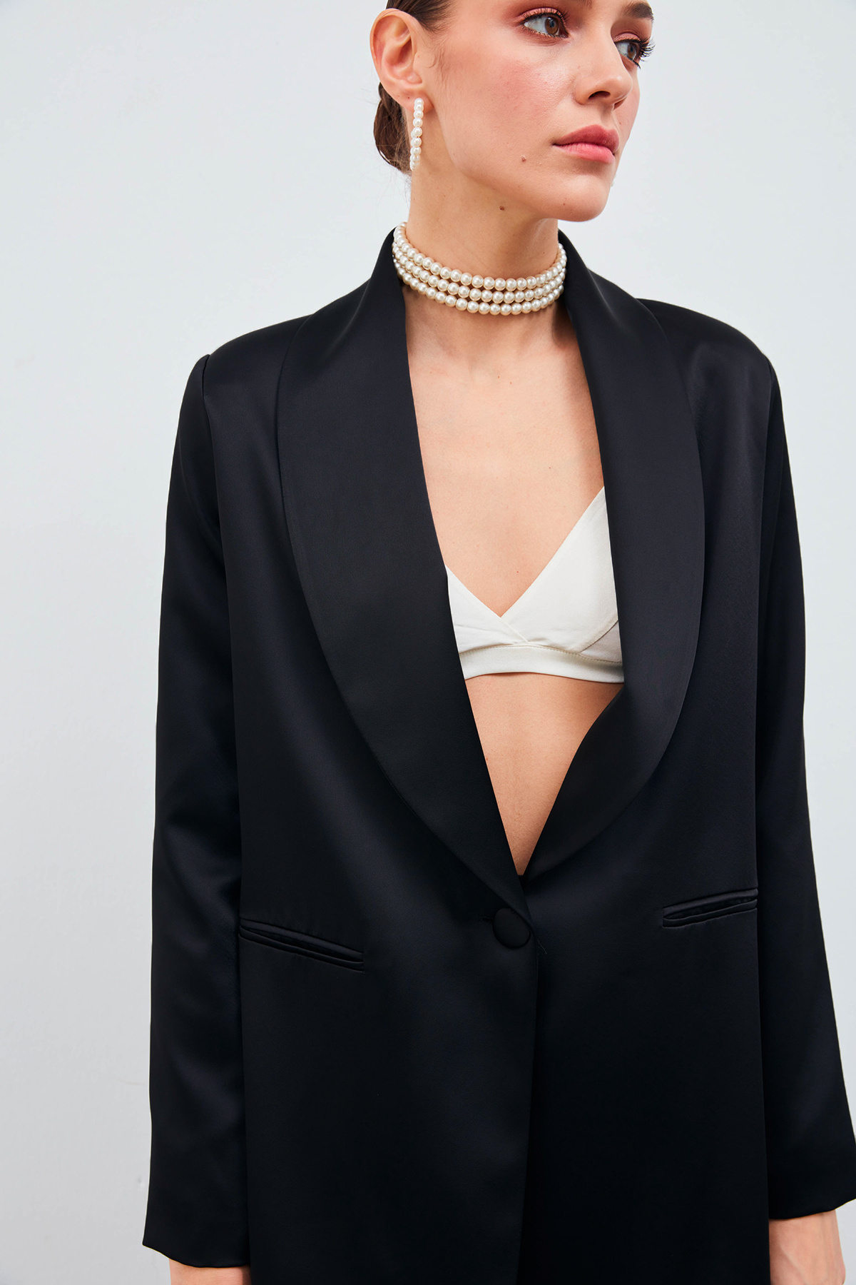 Shawl Collar Satin Jacket - BLACK