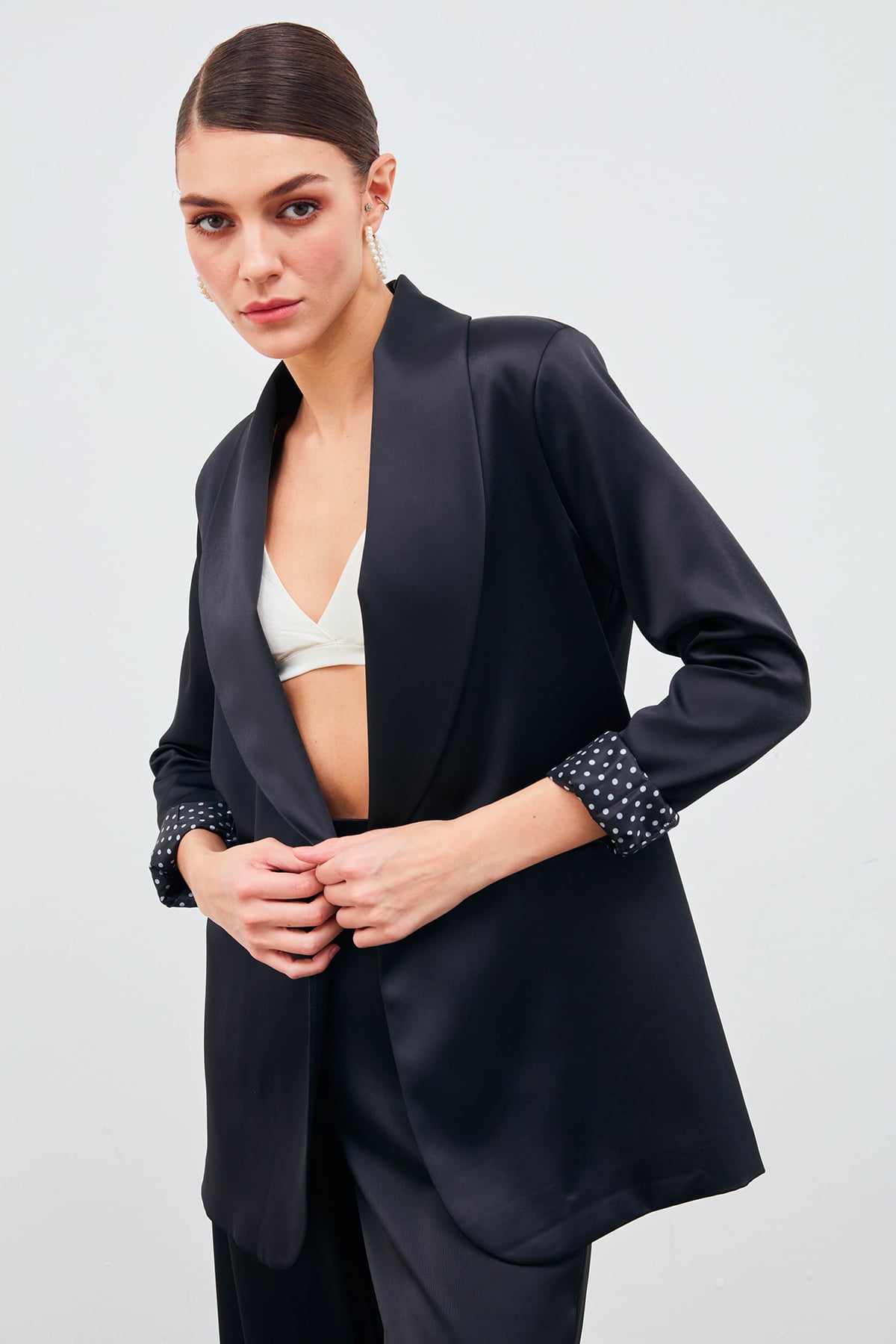 Shawl Collar Satin Jacket - BLACK