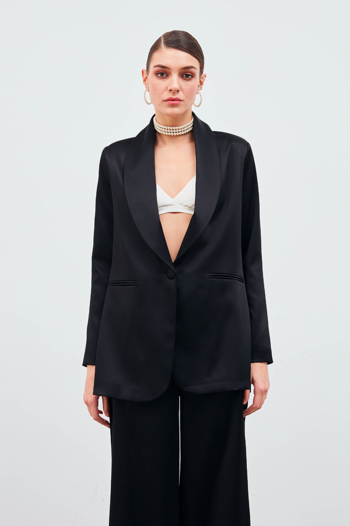 Shawl Collar Satin Jacket - BLACK
