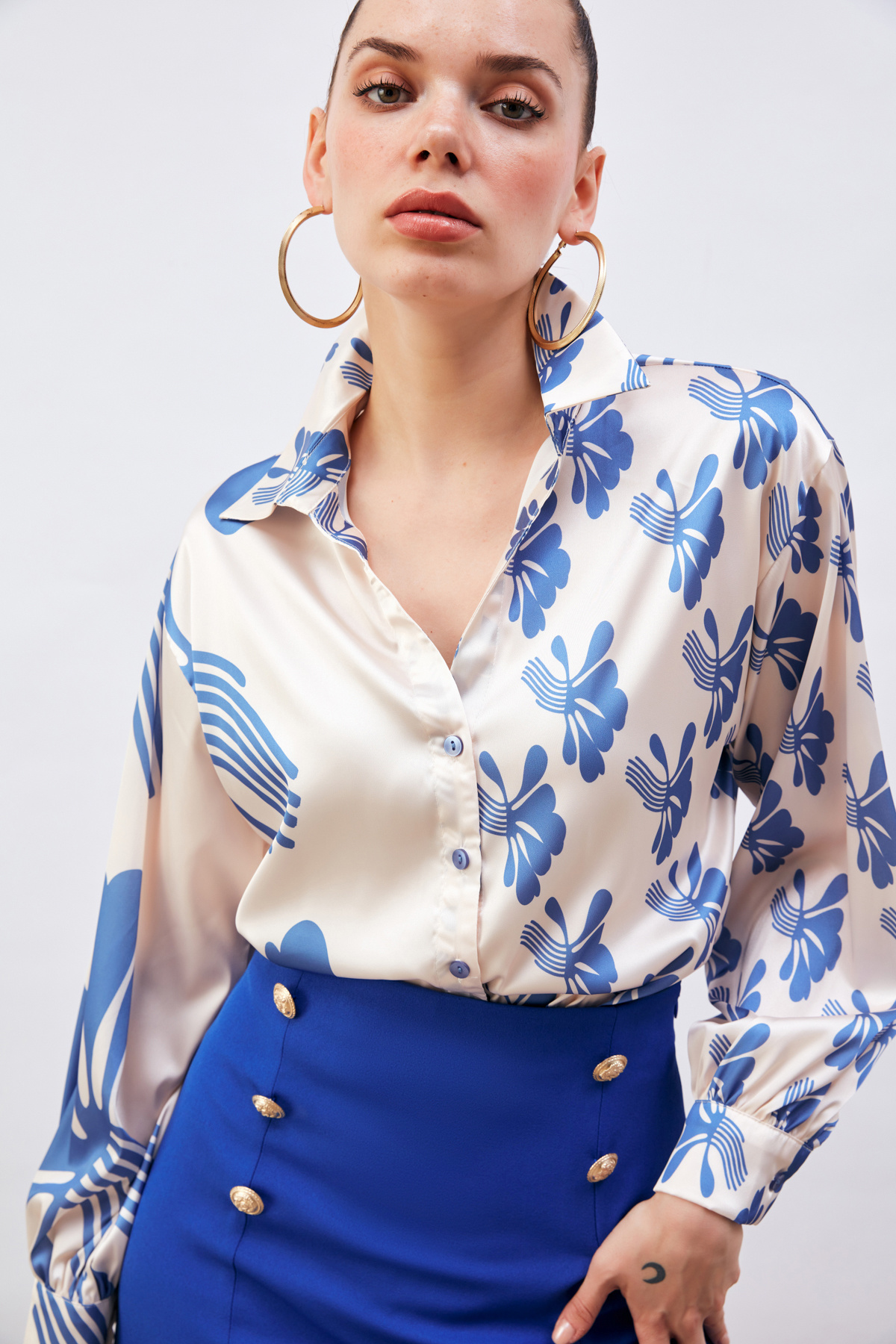 Salaş Desenli Gömlek - BEJ-SAX MAVİ