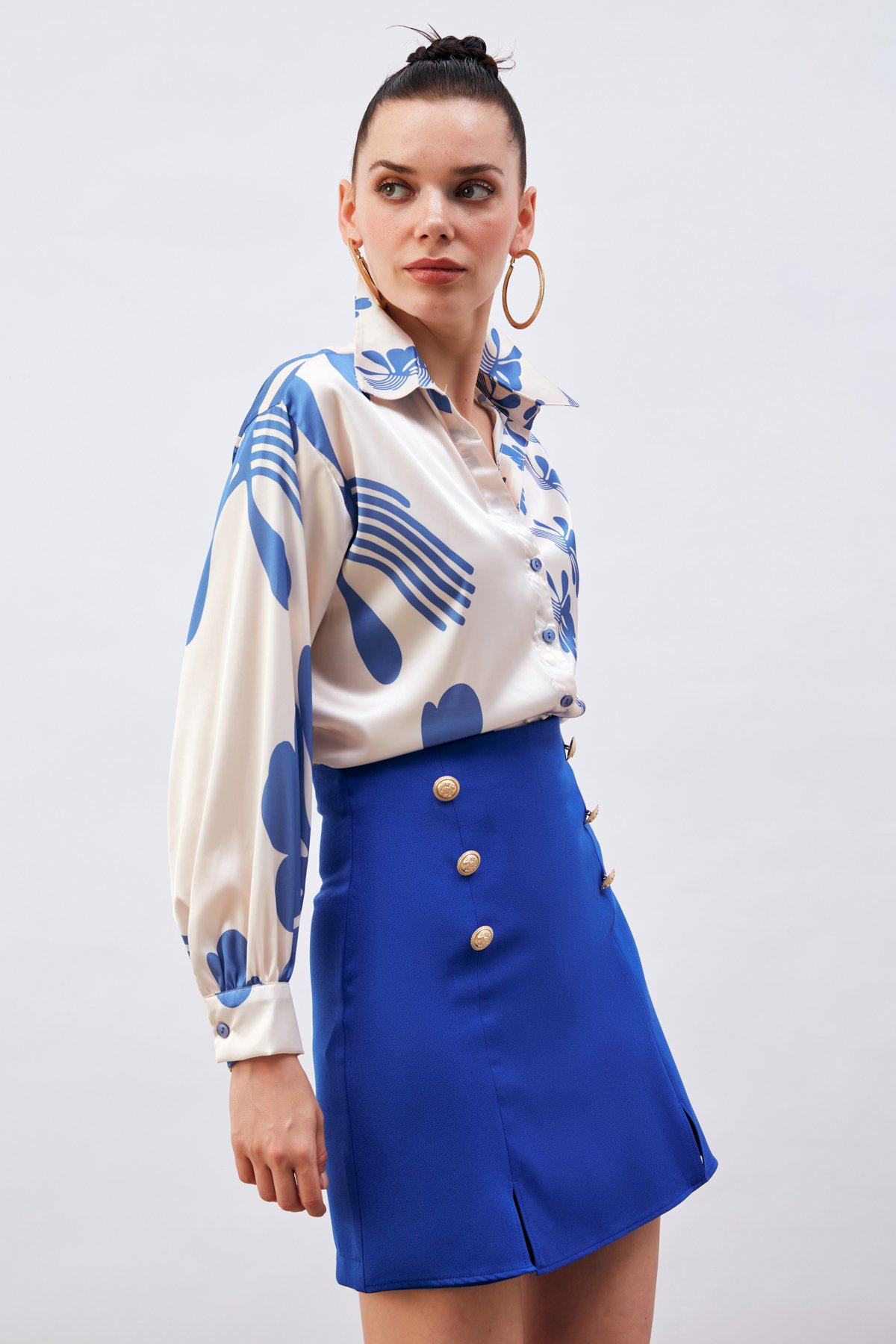 Salaş Desenli Gömlek - BEJ-SAX MAVİ