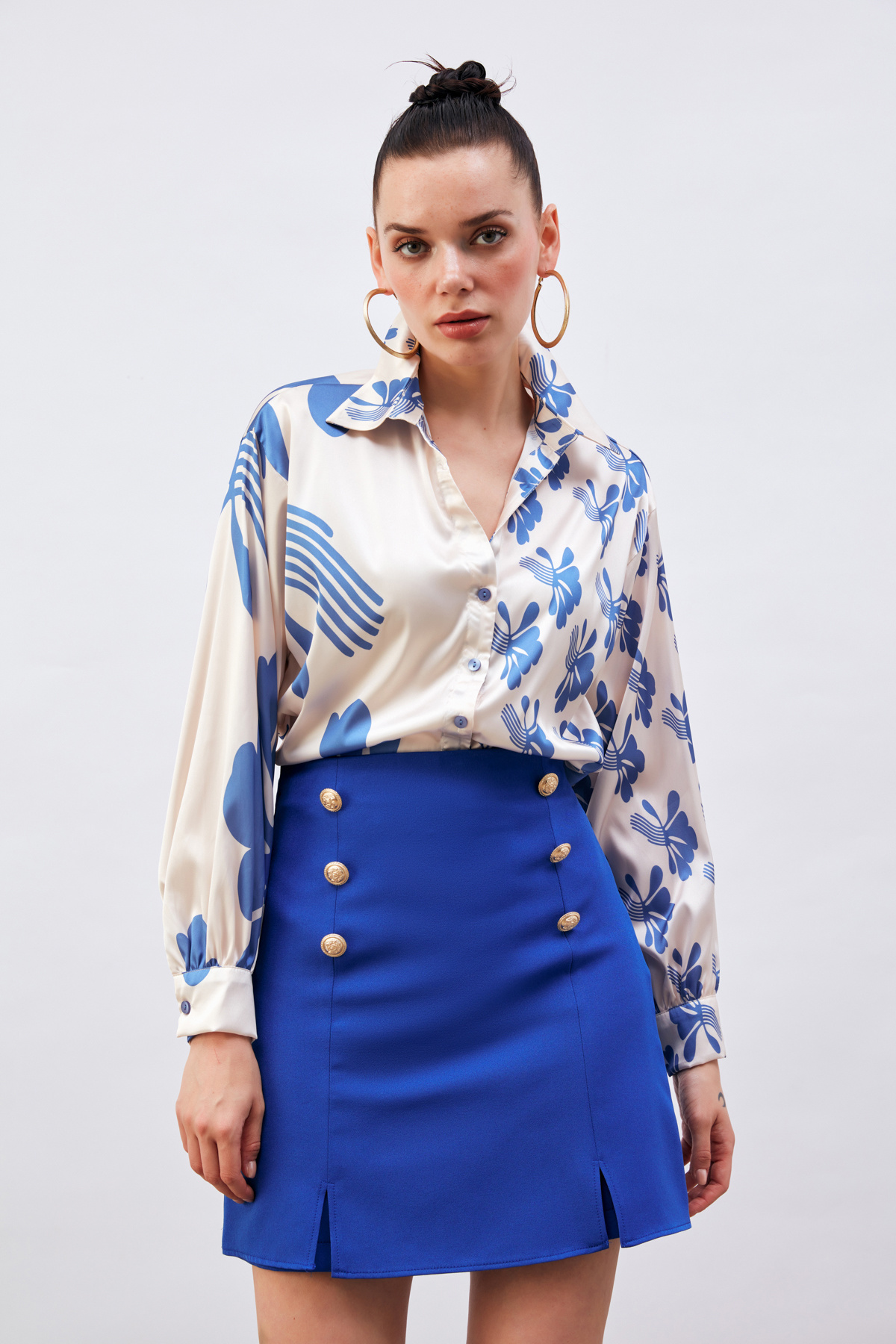 Salaş Desenli Gömlek - BEJ-SAX MAVİ