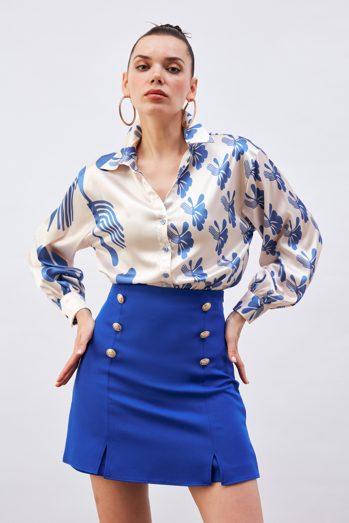 Salaş Desenli Gömlek - BEJ-SAX MAVİ